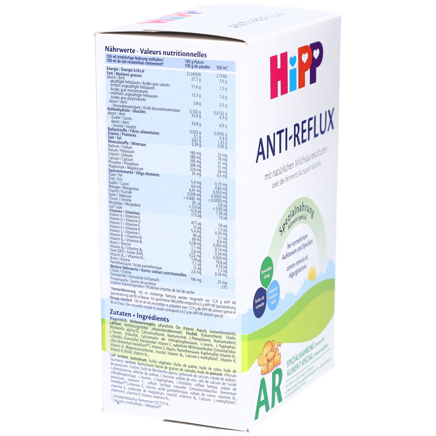 Dos de l'emballage du lait HiPP Anti-Reflux. Contient des informations nutritionnelles, une liste d'ingrédients et des instructions de préparation.