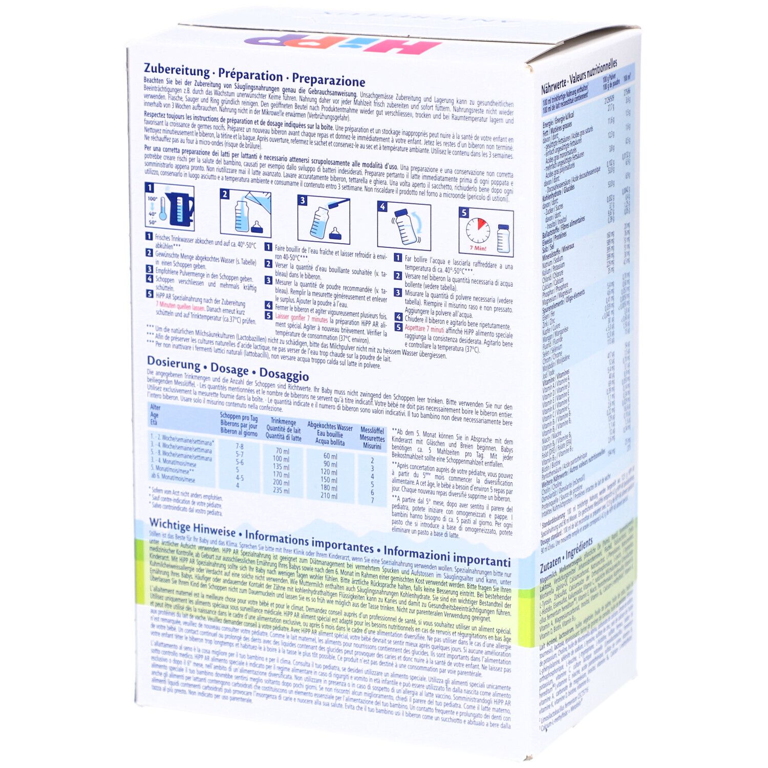 Emballage du lait HiPP Anti-Reflux. Affiche les instructions de préparation et les instructions de dosage en plusieurs langues.