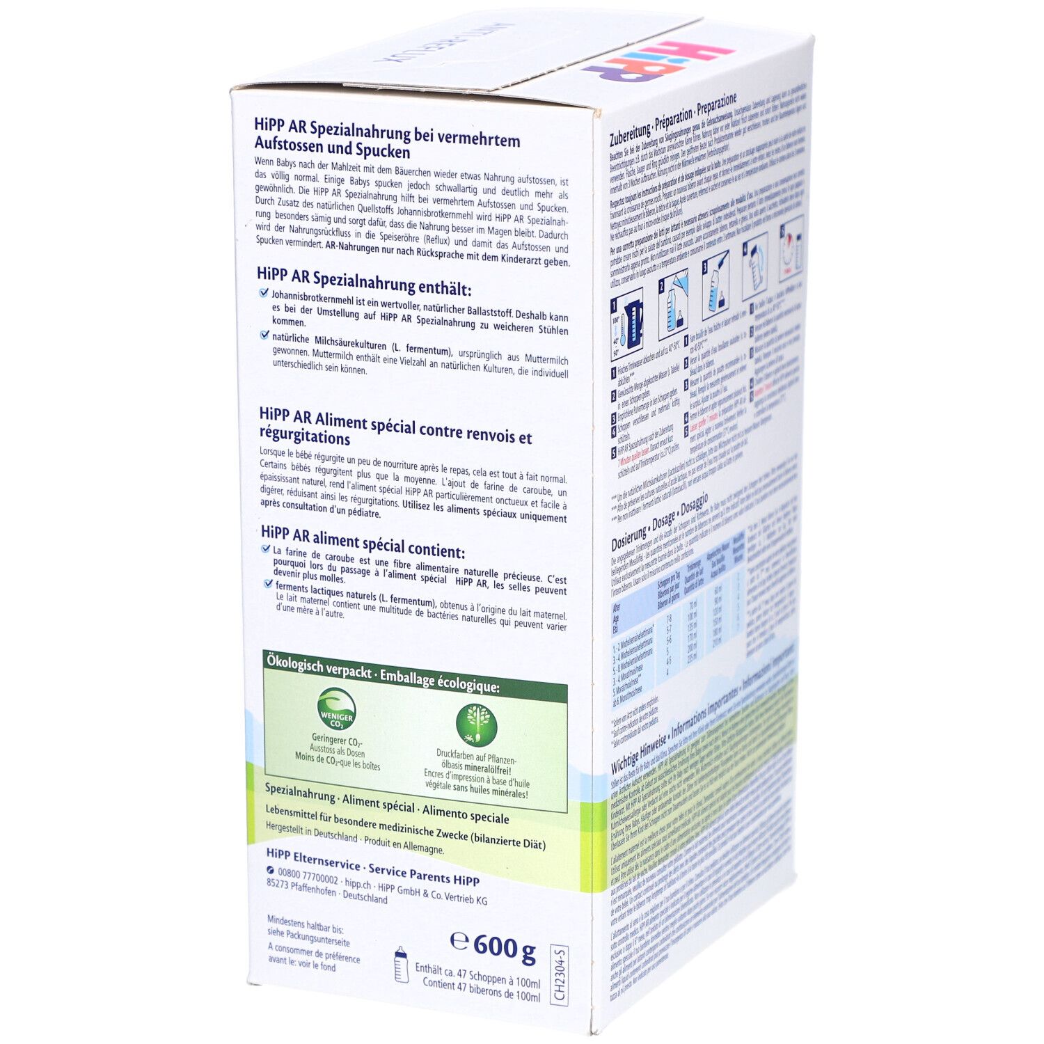Côté de l'emballage du lait HiPP Anti-Reflux. Contient des informations sur l'alimentation spéciale et des instructions d'utilisation.