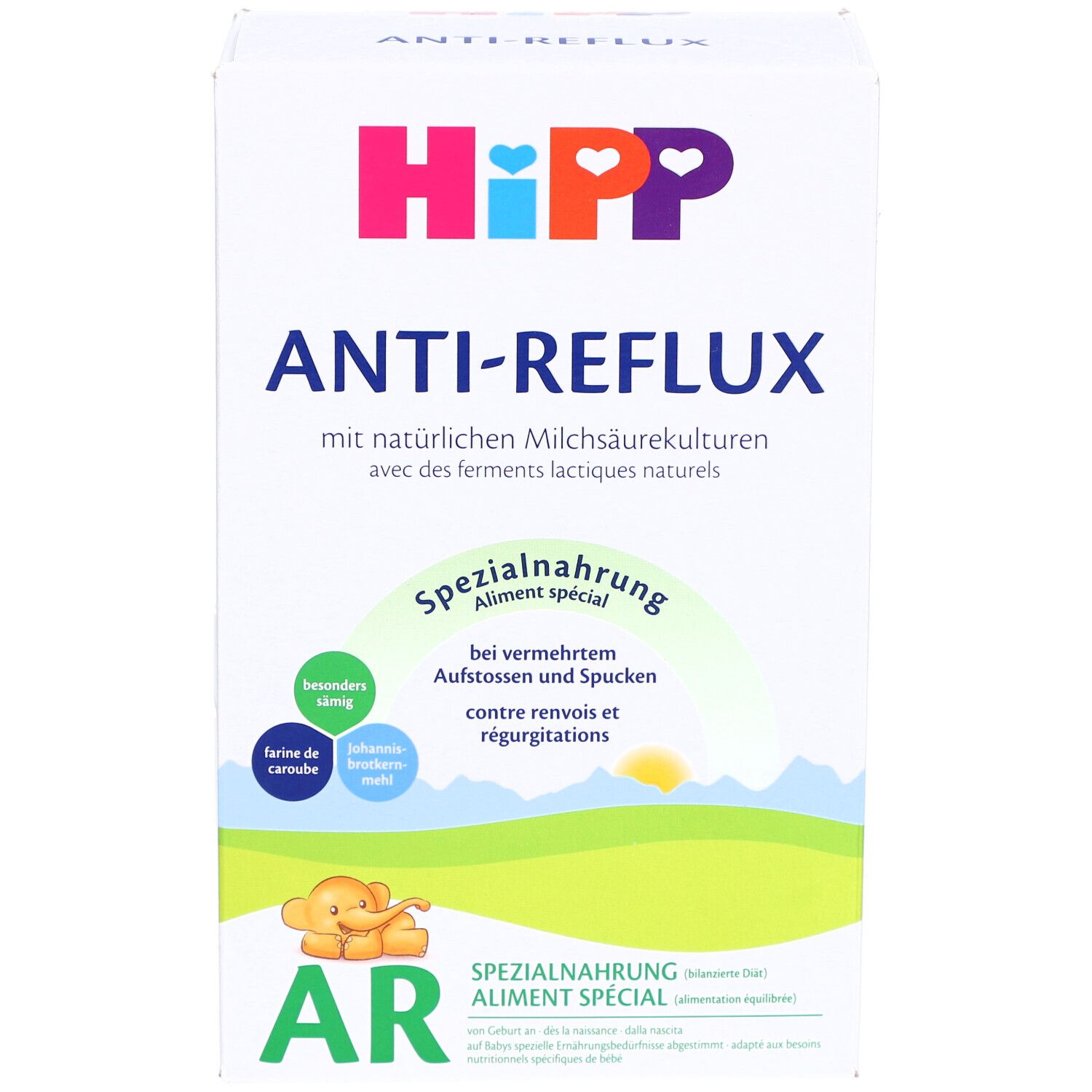 Face avant de l'emballage du lait HiPP Anti-Reflux. Affiche le logo, le nom du produit et des informations sur l'alimentation spéciale pour bébés.