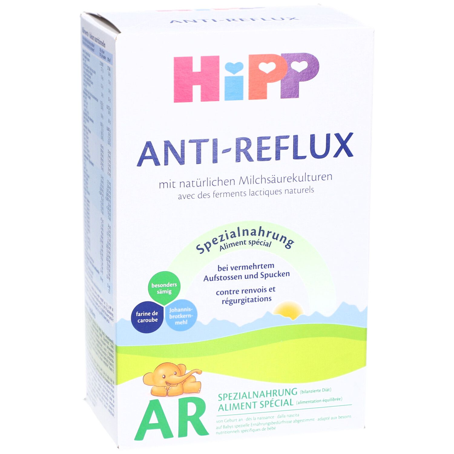 Face avant de l'emballage du lait HiPP Anti-Reflux. Affiche le logo, le nom du produit et des informations sur l'alimentation spéciale pour bébés.