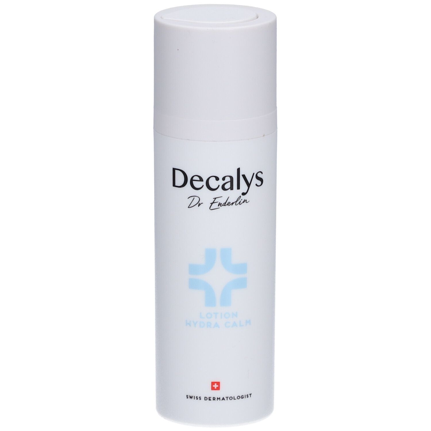 Weiße Lotion-Flasche mit blauer Grafik und Schriftzug Decalys. Text: Hydra Calm, Swiss Dermatologist.