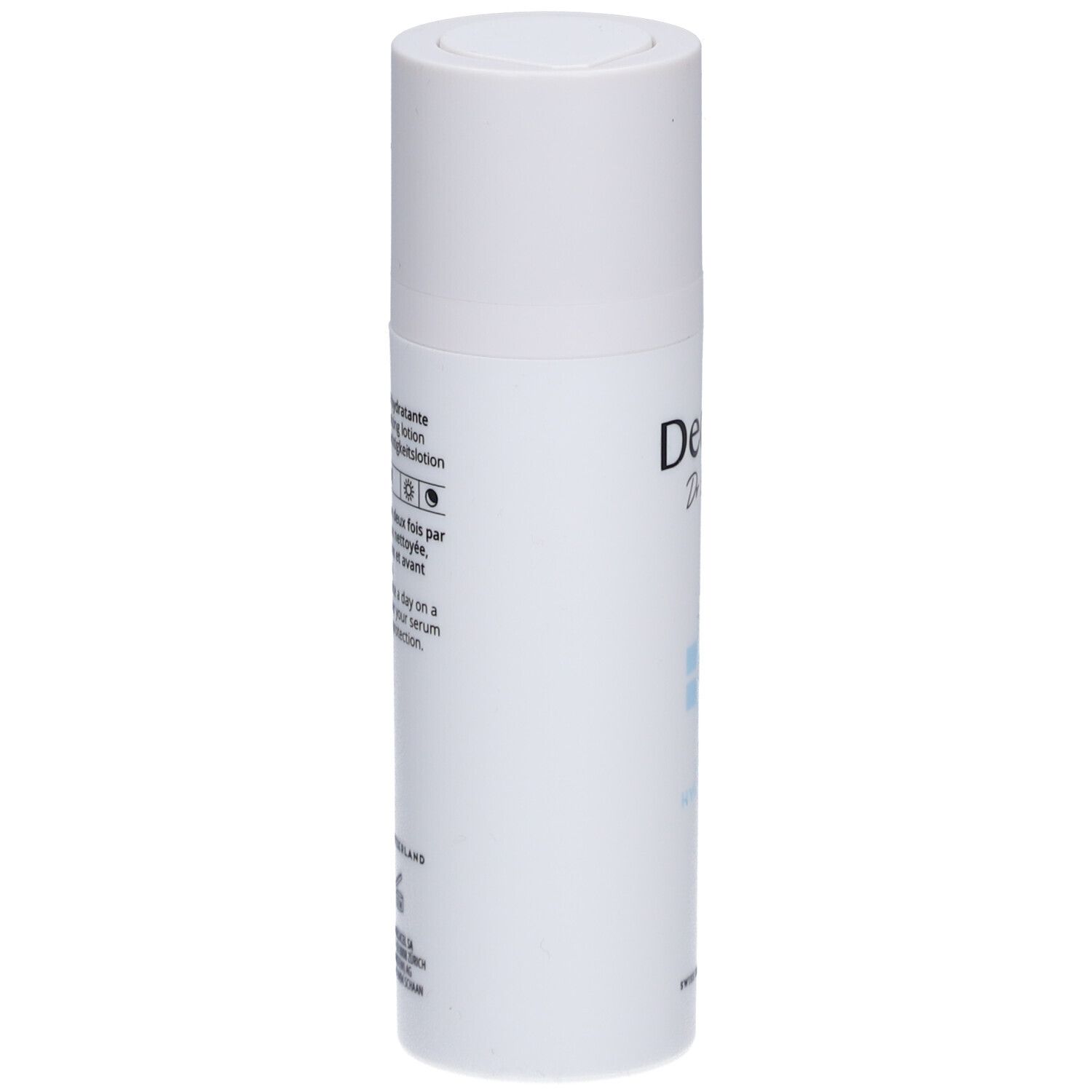Weiße Lotion-Flasche, Seitenansicht. Text: Decalys, Produktinformationen, Made in Switzerland.