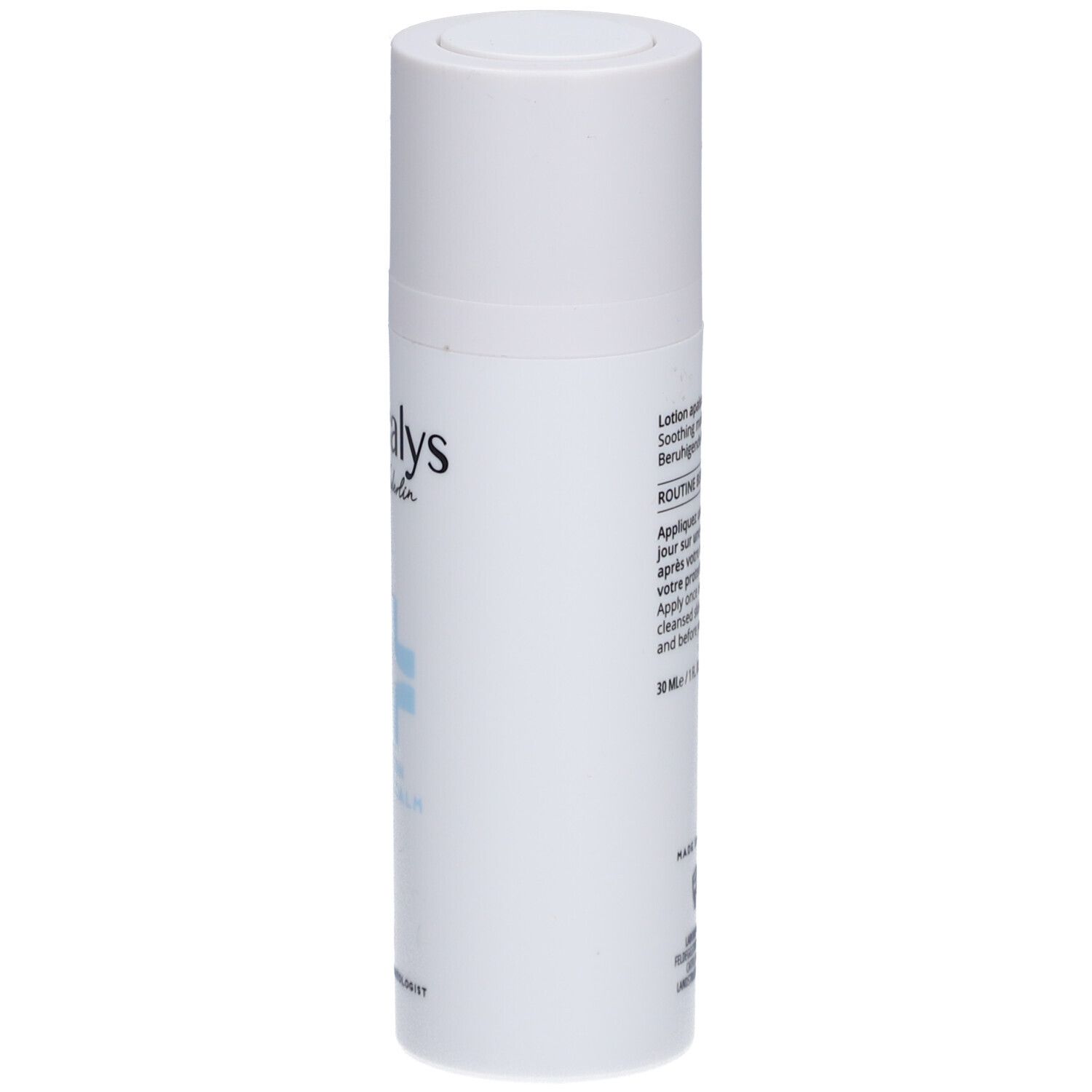 Weiße Lotion-Flasche, Seitenansicht. Text: Decalys, Hydra Calm, Produktinformationen.