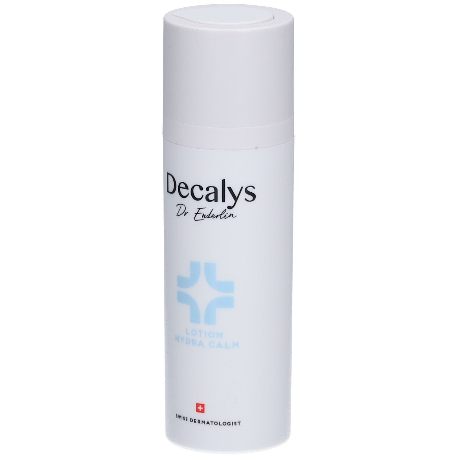 Weiße Lotion-Flasche mit blauer Grafik und Schriftzug Decalys. Text: Hydra Calm, Swiss Dermatologist.