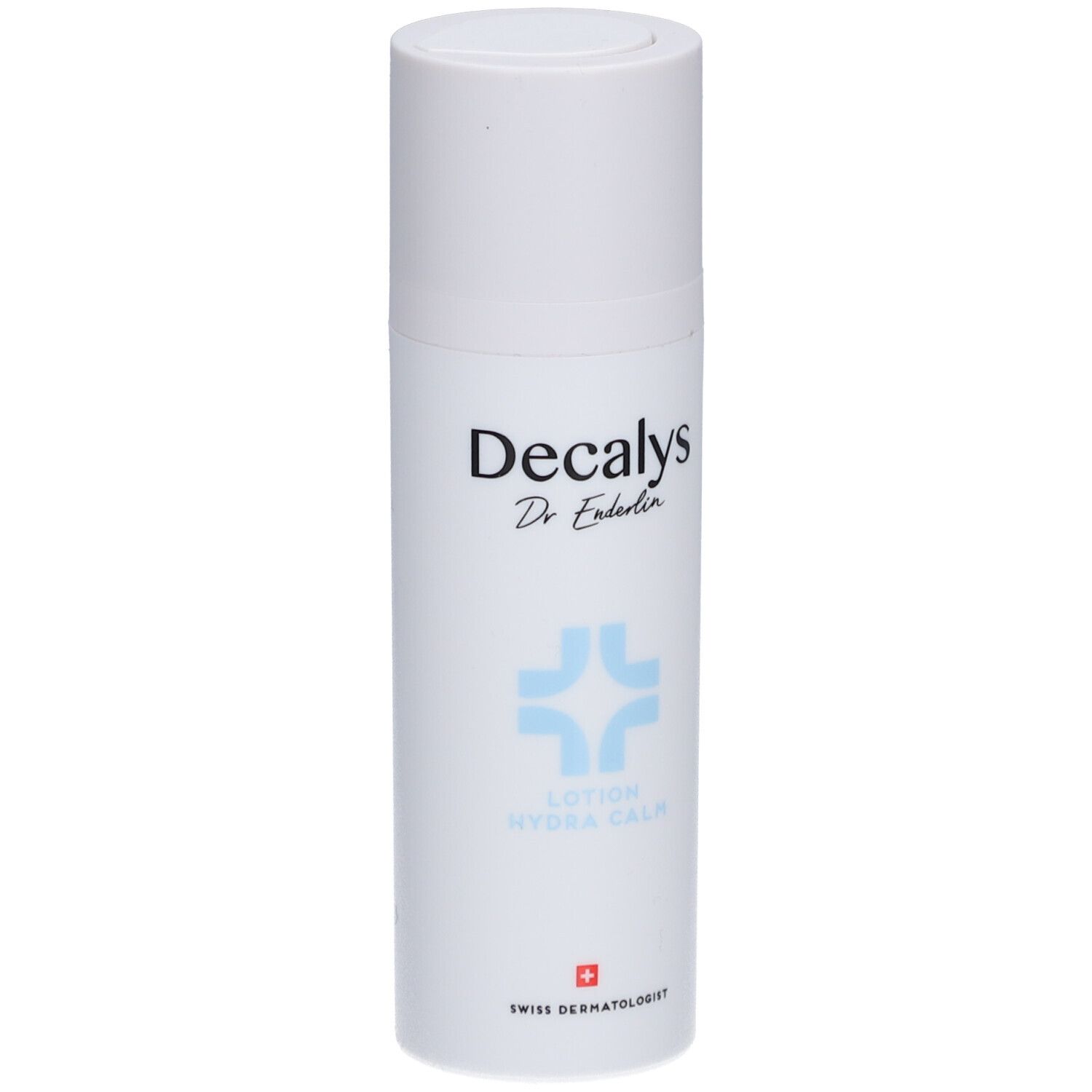 Weiße Lotion-Flasche mit blauer Grafik und Schriftzug Decalys. Text: Hydra Calm, Swiss Dermatologist.