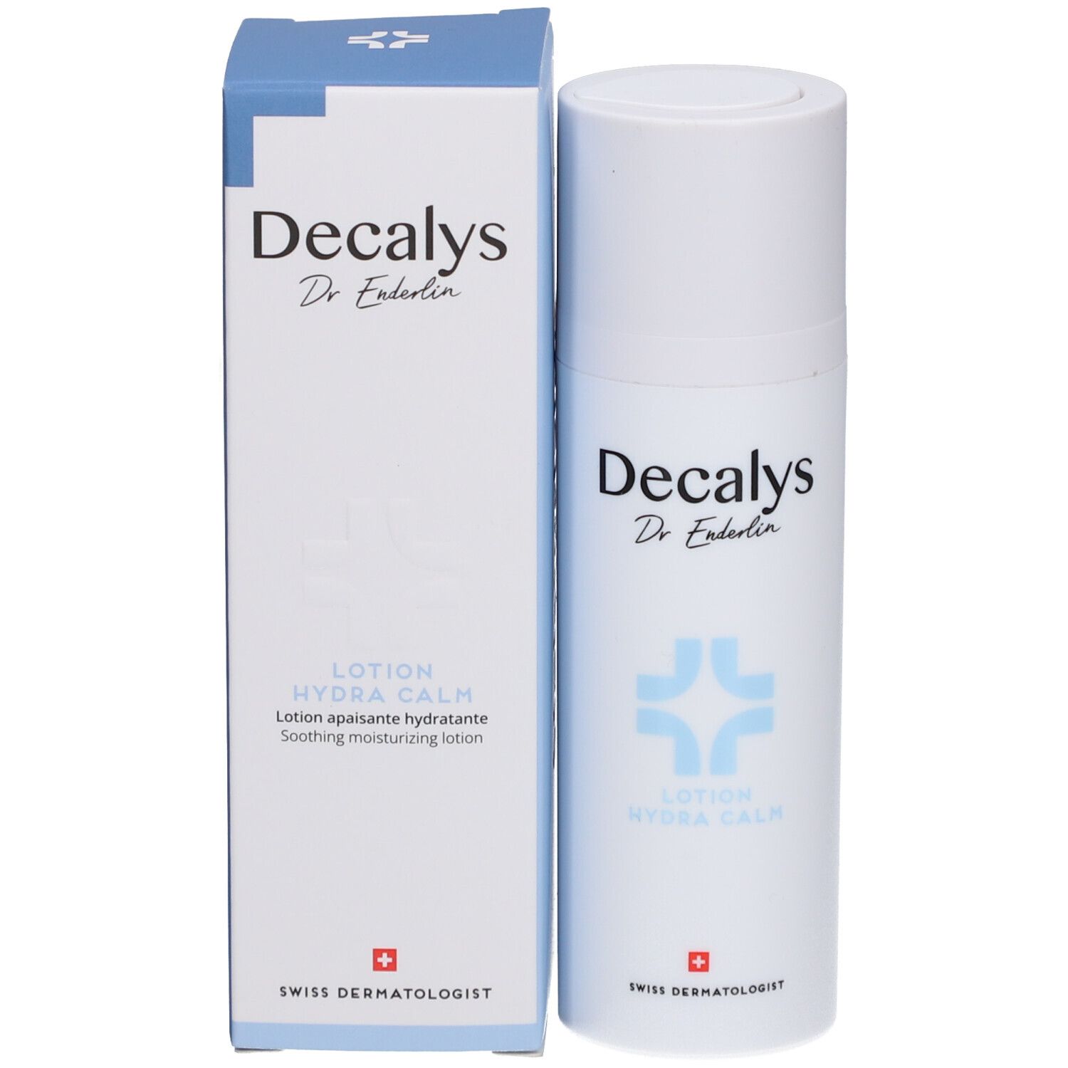 Weiße Lotion-Flasche und Schachtel. Text: Decalys, Hydra Calm, Swiss Dermatologist.