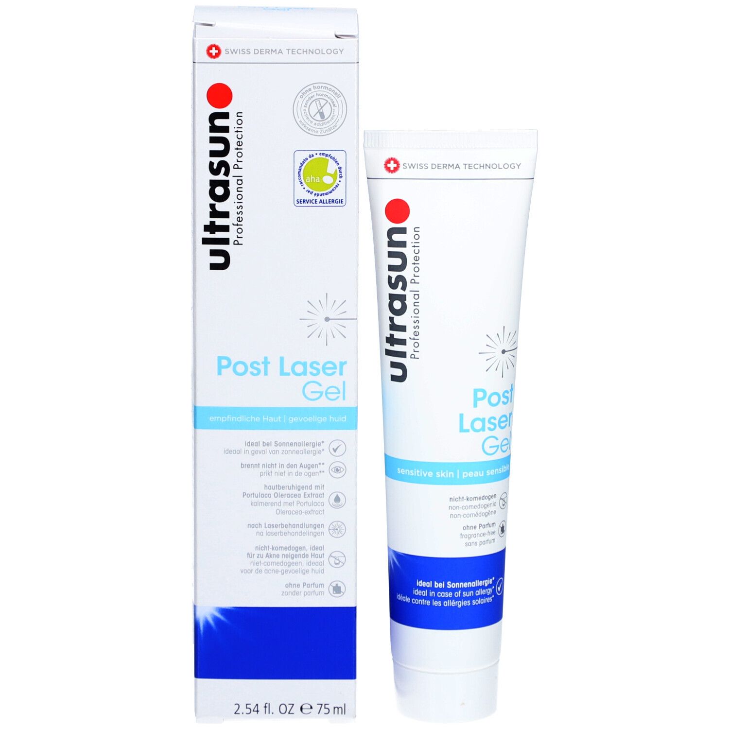 Emballage produit avec tube. Texte: Ultrasun, Gel Post Laser. Certifications.