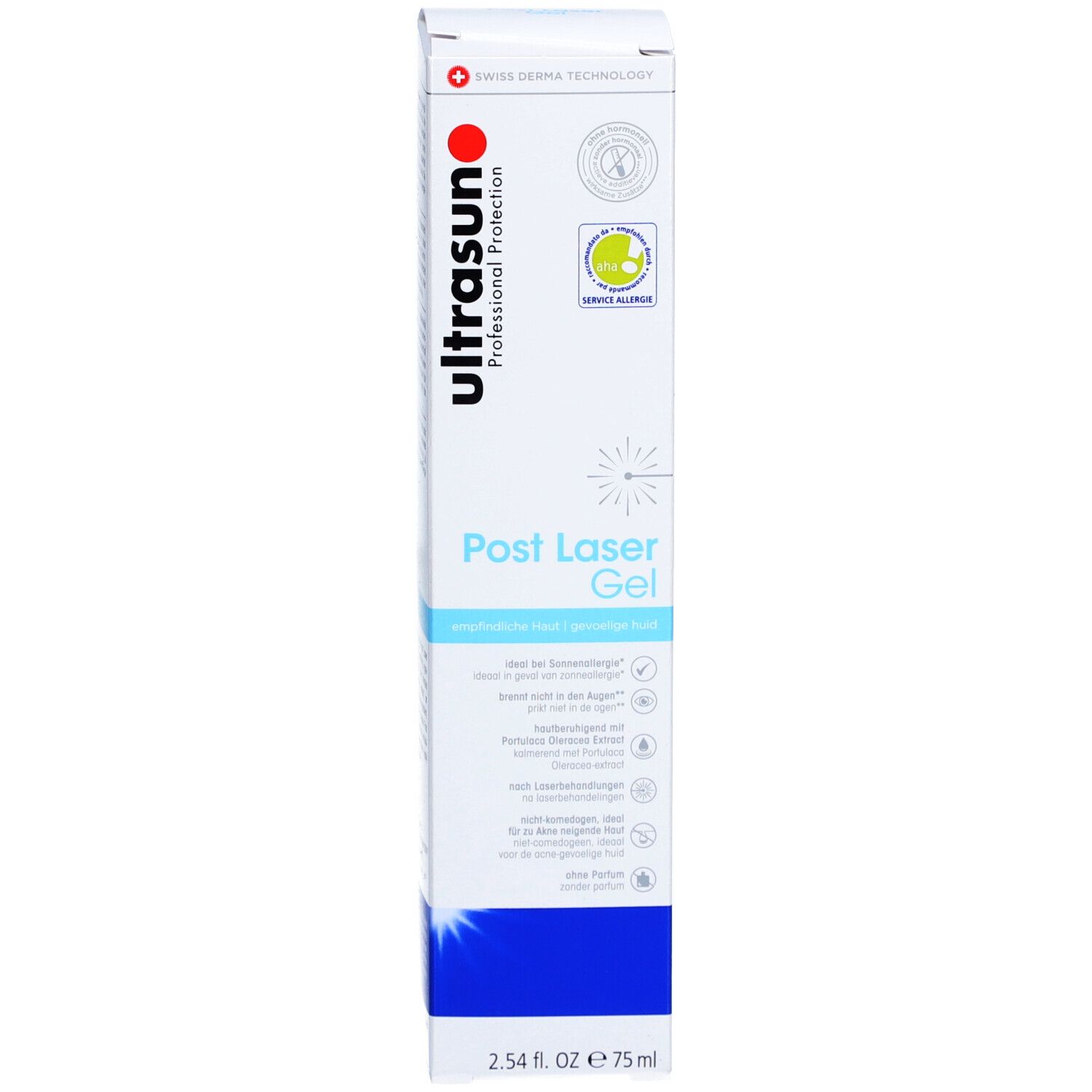 Emballage produit. Texte: Ultrasun, Gel Post Laser. Certifications. 2.54 fl. oz. 75 ml.
