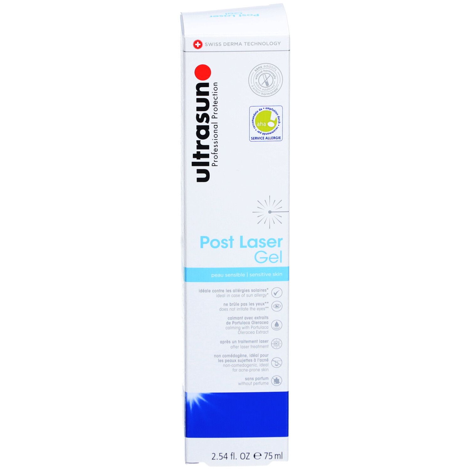 Emballage produit. Texte: Ultrasun, Gel Post Laser. Certifications. 2.54 fl. oz. 75 ml.