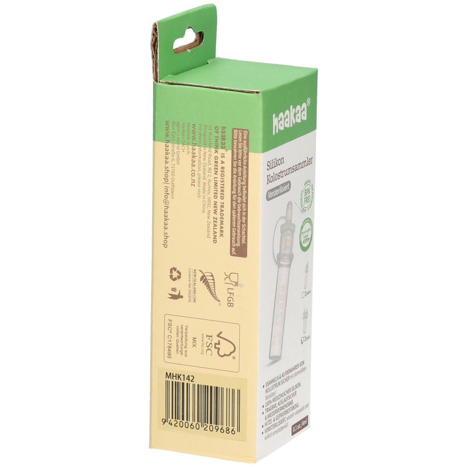 Haakaa Kolostrum Sammler Verpackung mit Produktinformationen und Barcode.