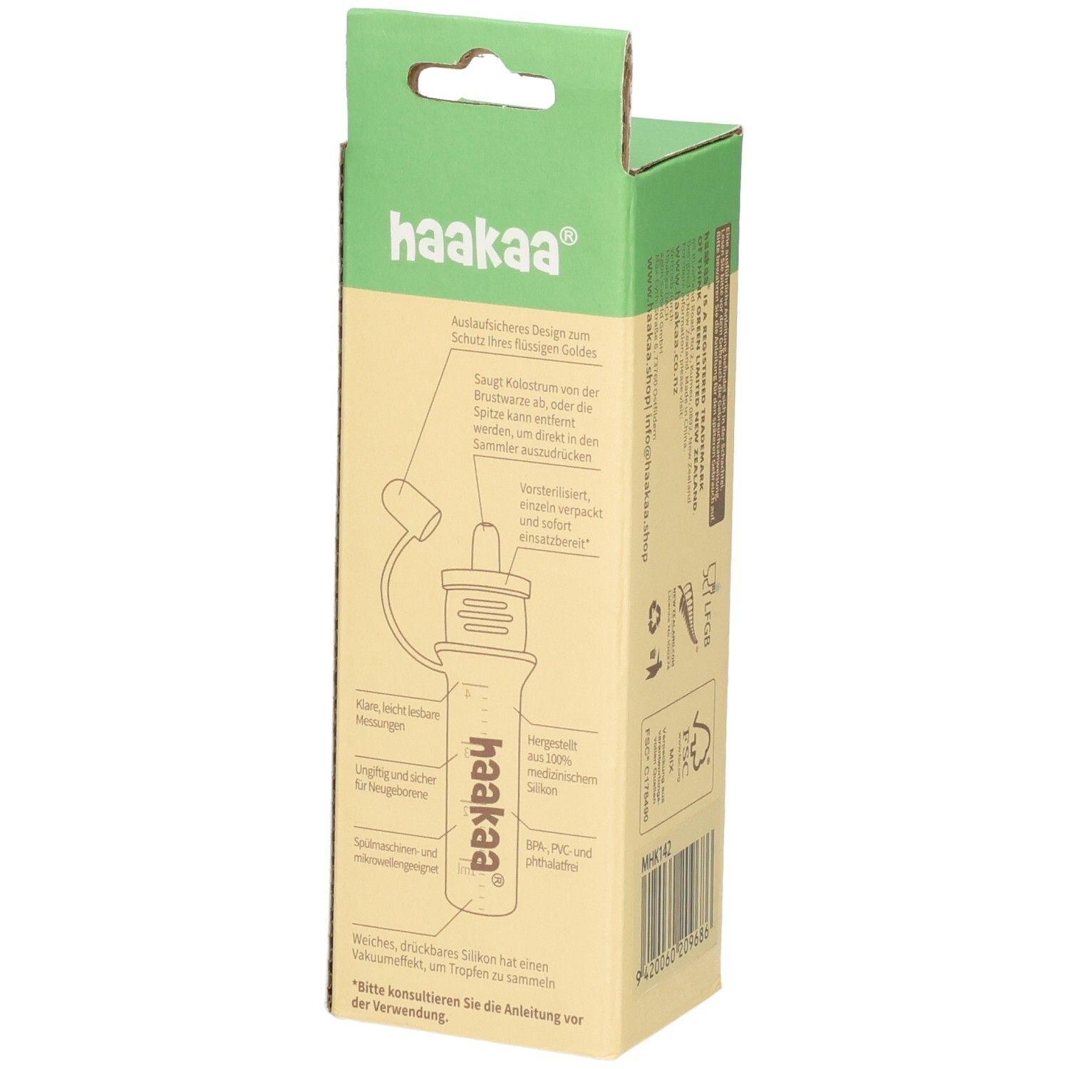 Haakaa Silikon Kolostrum Sammler, 4ml. Detailansicht der Verpackung mit Anwendungshinweisen.