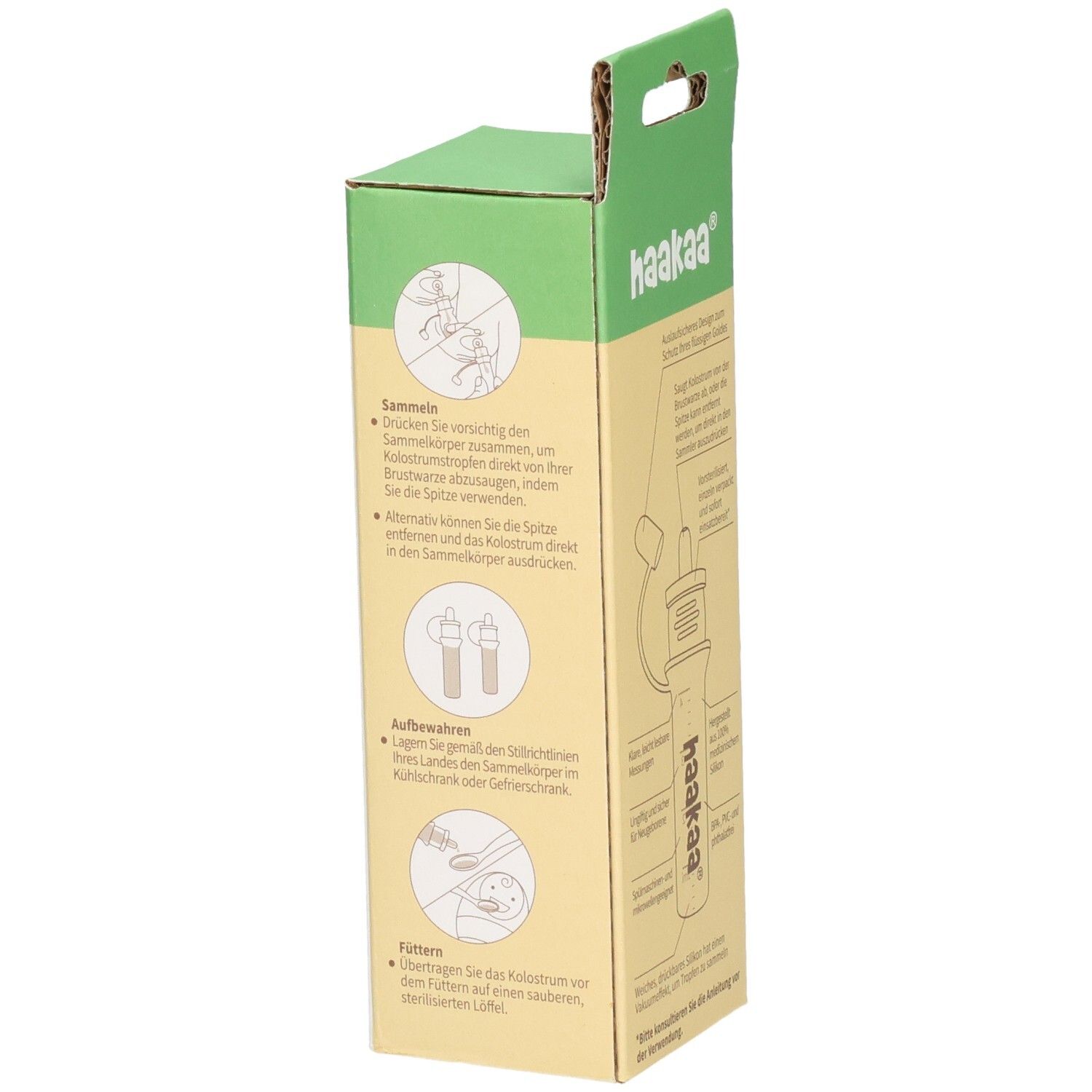 Haakaa Kolostrum Sammler Verpackung mit Illustrationen zur Anwendung und Aufbewahrung.