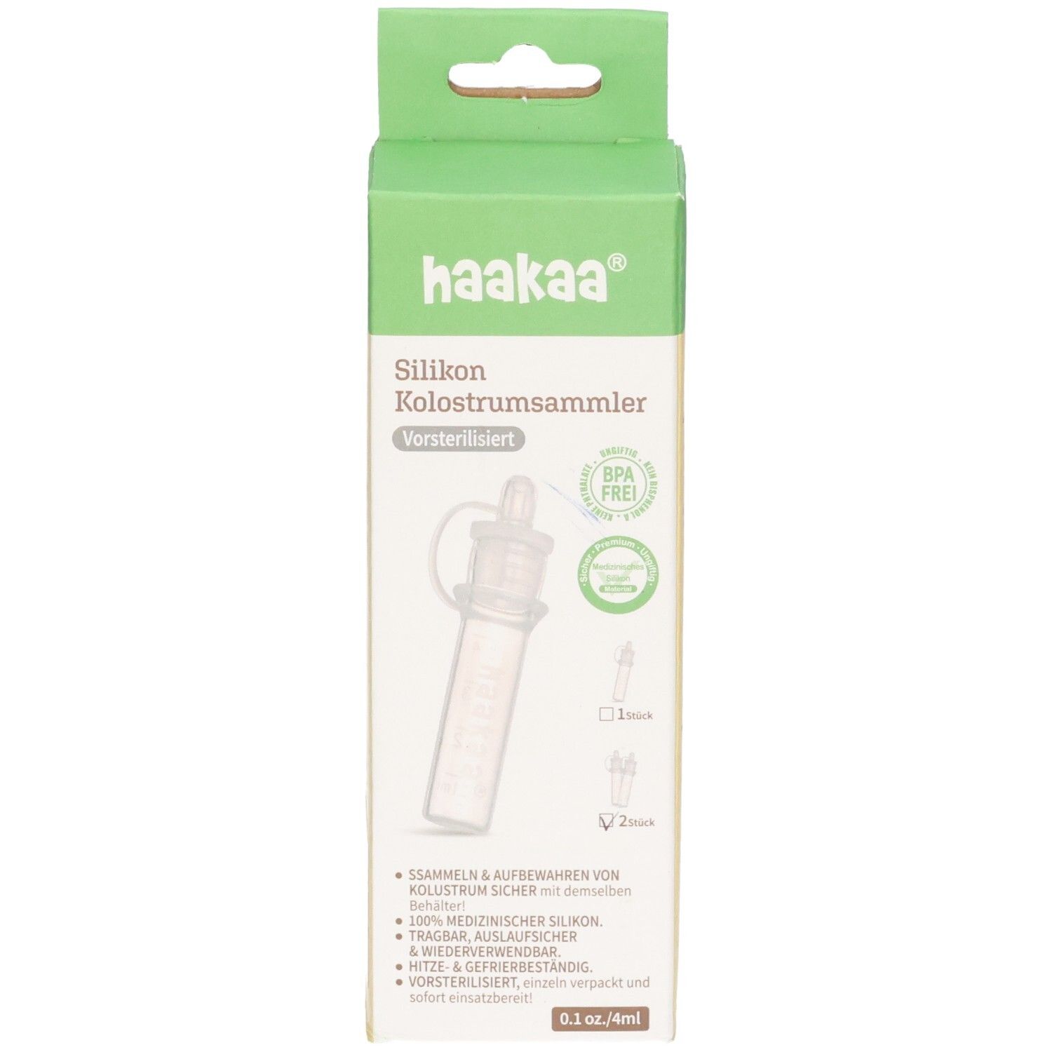 Haakaa Silikon Kolostrum Sammler, vorsterilisiert, 4ml. BPA-frei.