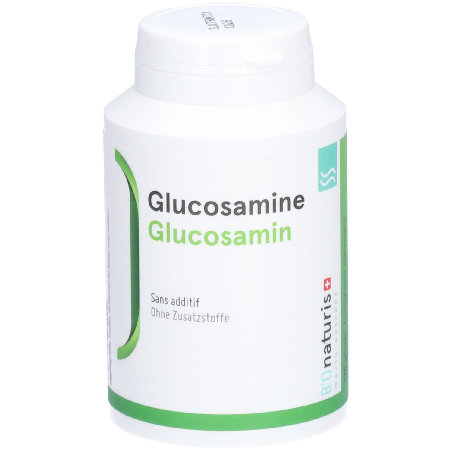 Weiße Flasche mit grünem Etikett. Aufschrift: Glucosamine, ohne Zusatzstoffe. Logo von Bionaturis.