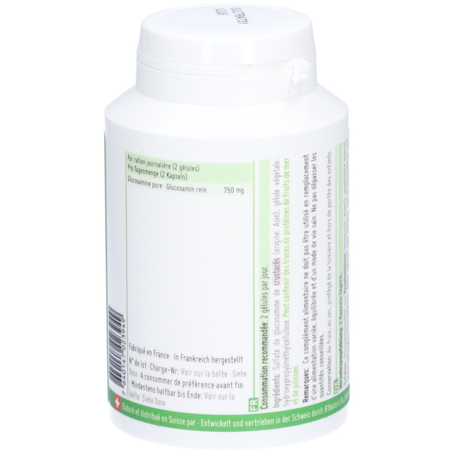 Weiße Flasche mit grünem Etikett. Text: Verzehrempfehlung, Inhaltsstoffe, 750 mg. Logo von Bionaturis.