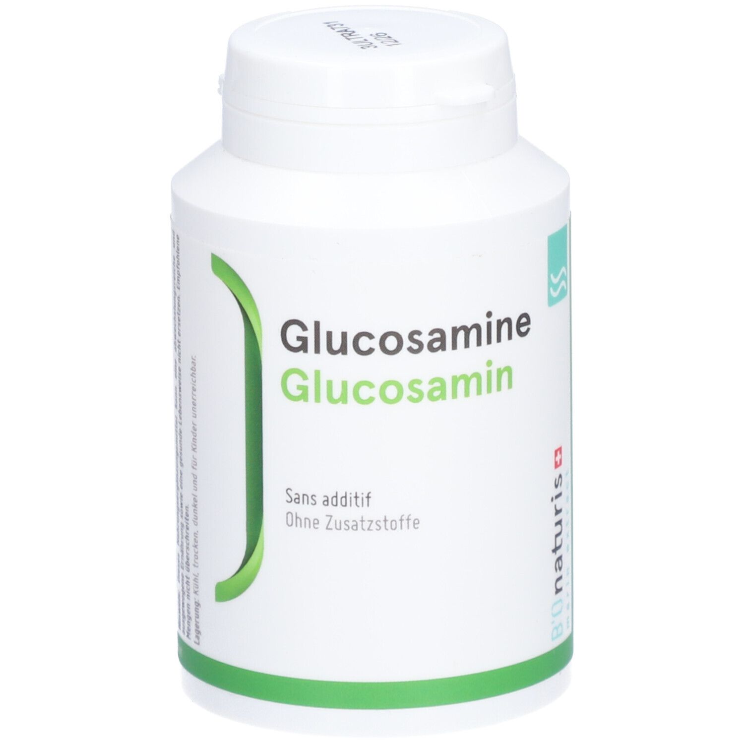 Weiße Flasche mit grünem Etikett. Aufschrift: Glucosamine, ohne Zusatzstoffe. Logo von Bionaturis.