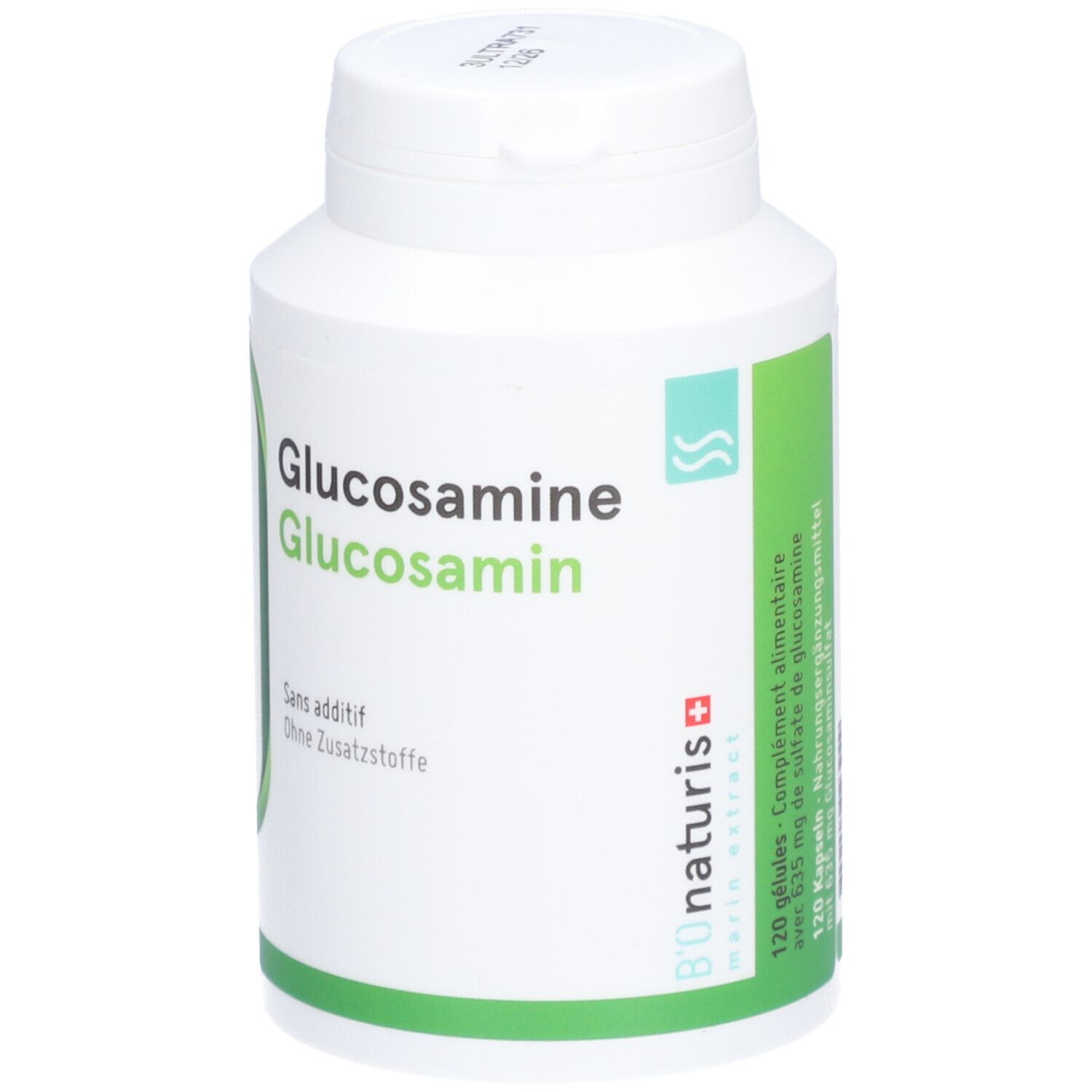 Weiße Flasche mit grünem Etikett. Aufschrift: Glucosamine, 120 Kapseln. Logo von Bionaturis.