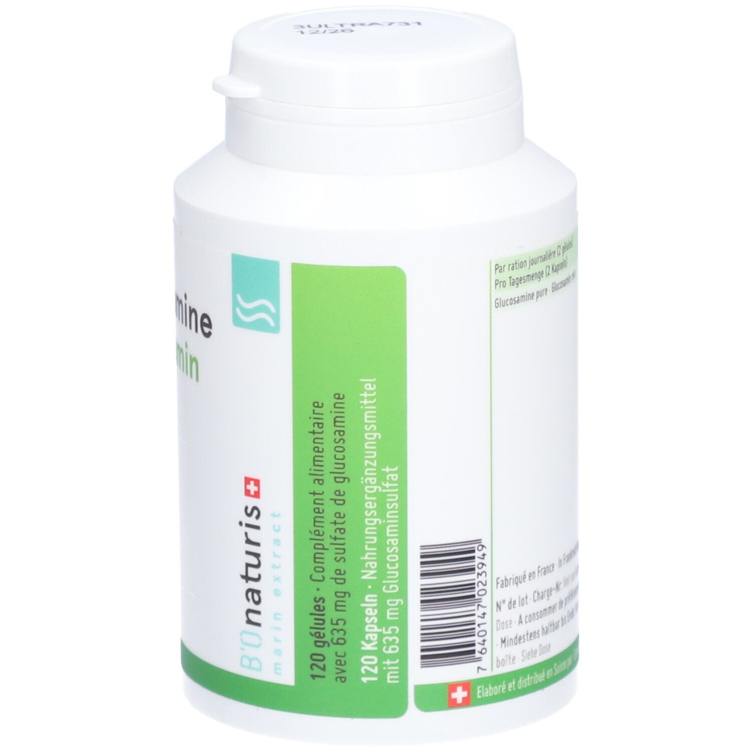 Weiße Flasche mit grünem Etikett. Aufschrift: Glucosamine, 120 Kapseln, 635 mg. Logo von Bionaturis.