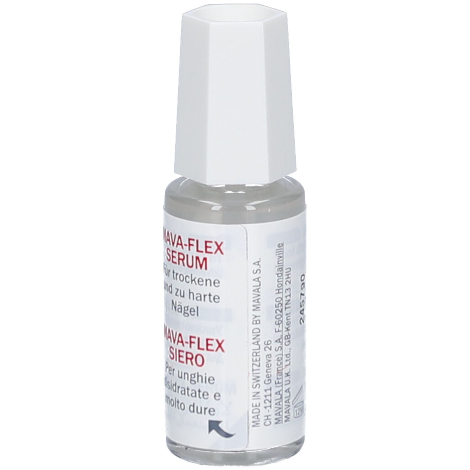 Klarflüssiges Serum in einer Glasflasche mit weißem Deckel. Aufkleber mit Produktinformationen und Marke MAVALA.