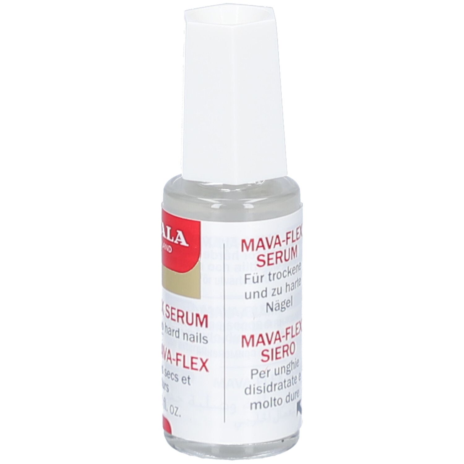 Klarflüssiges Serum in einer Glasflasche mit weißem Deckel. Aufkleber mit Produktinformationen und Marke MAVALA.