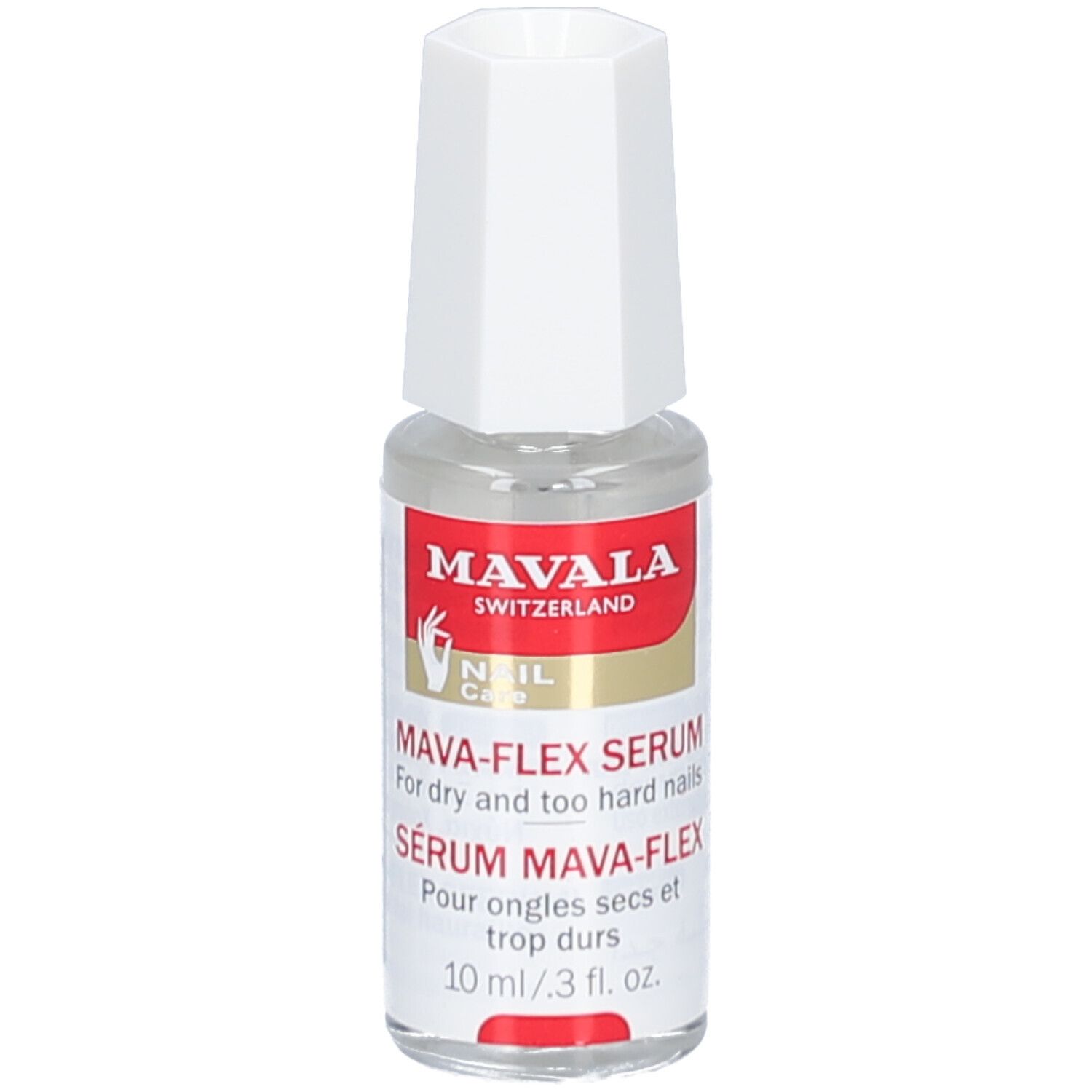 Klarflüssiges Serum in einer Glasflasche mit weißem Deckel. Aufkleber mit Produktinformationen und Marke MAVALA.