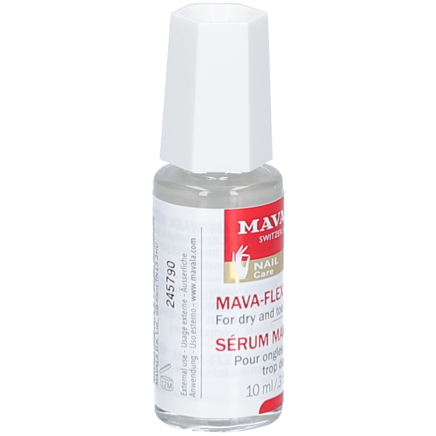 Klarflüssiges Serum in einer Glasflasche mit weißem Deckel. Aufkleber mit Produktinformationen und Marke MAVALA.
