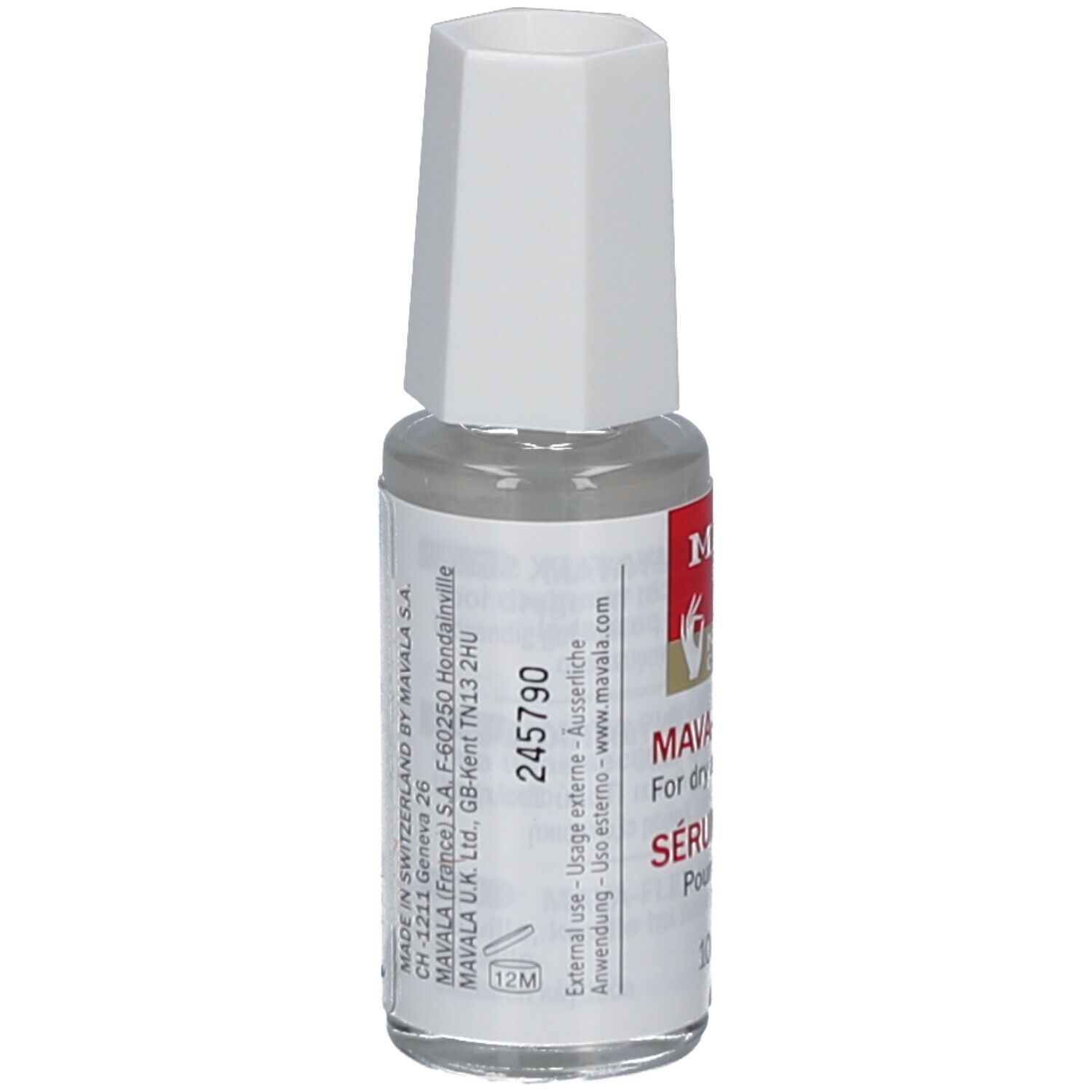 Klarflüssiges Serum in einer Glasflasche mit weißem Deckel. Aufkleber mit Produktinformationen und Marke MAVALA.
