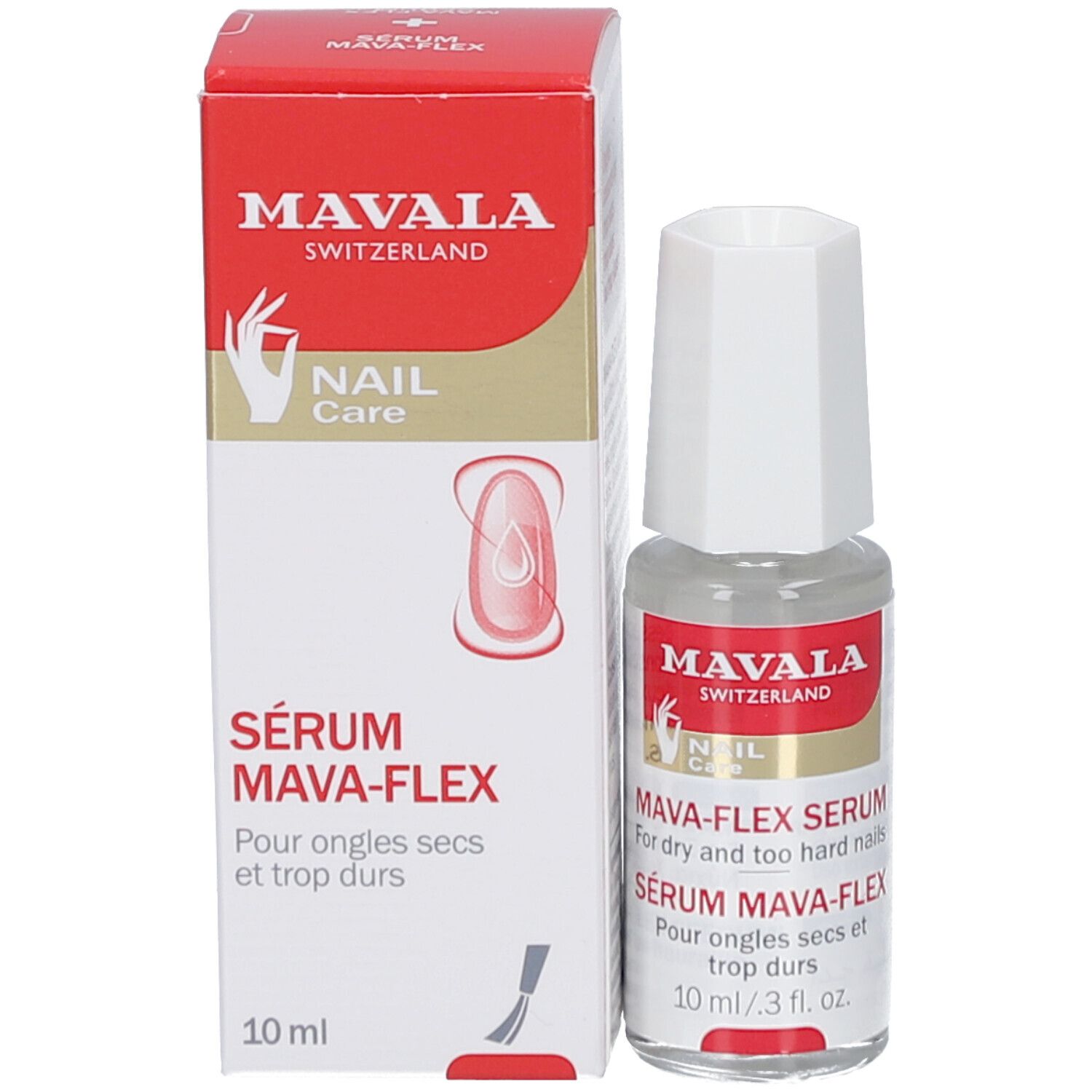 Produktverpackung: rote Schachtel mit weißer Schrift. Enthält eine Flasche Serum MAVALA Mava-Flex.