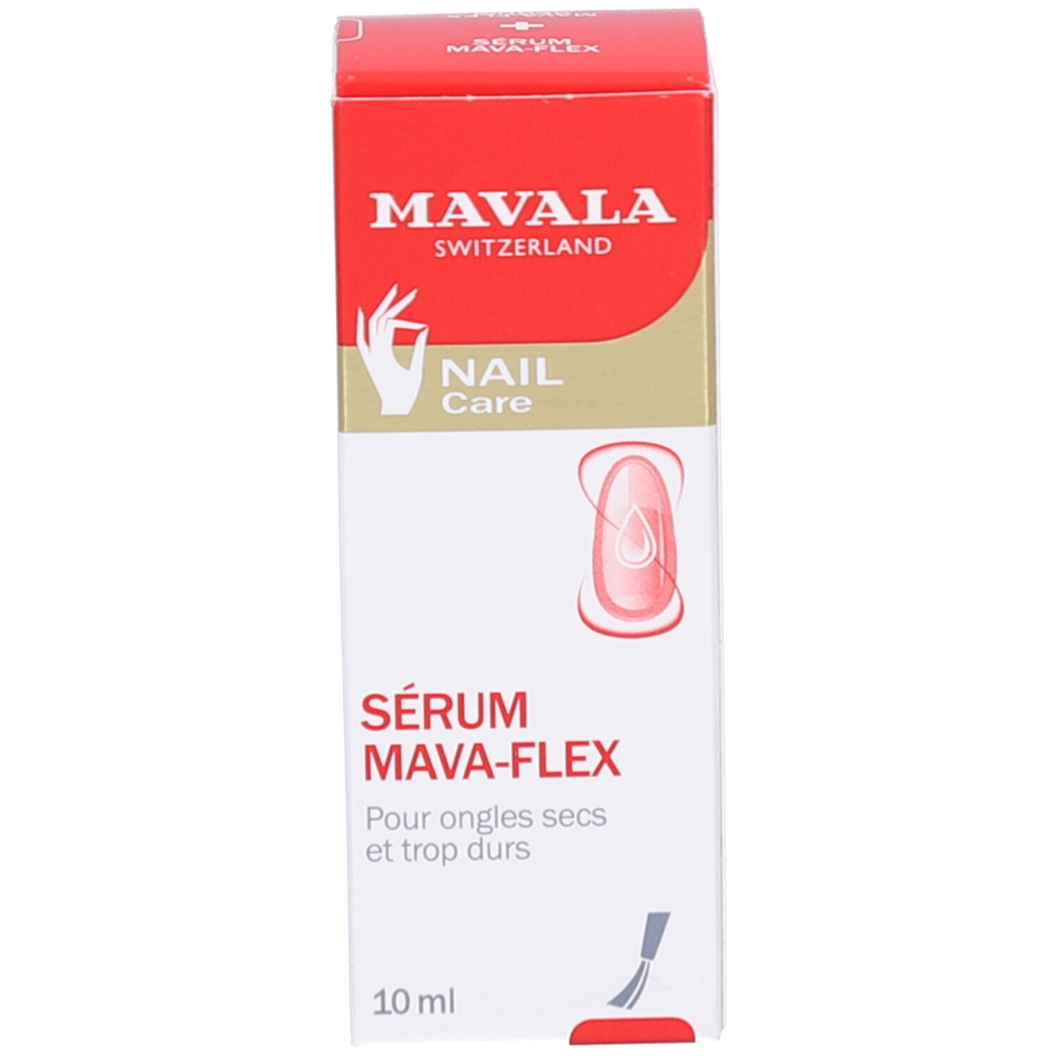 Produktverpackung: rote Schachtel mit weißer Schrift. Enthält eine Flasche Serum MAVALA Mava-Flex.