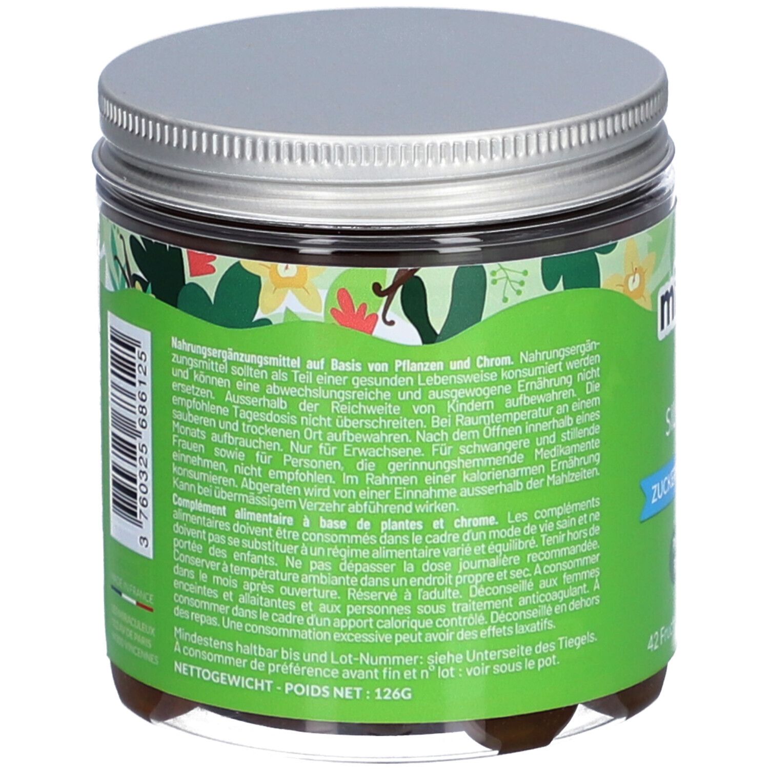 Rückseite des Glases mit MIUMLAB Gummies. Grünes Etikett mit Produktinformationen, Inhaltsstoffen und Nährwertangaben. 126g.