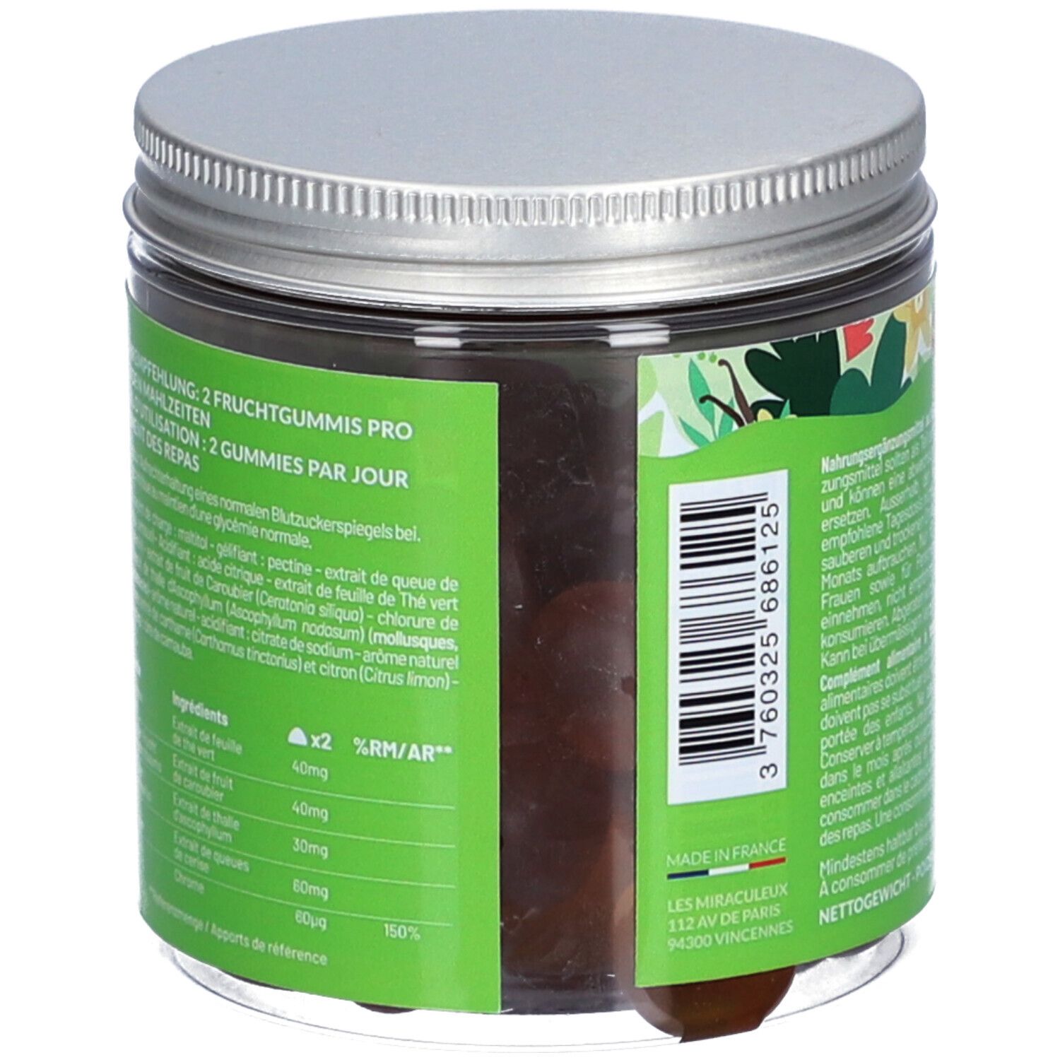 Rückseite des Glases mit MIUMLAB Gummies. Grünes Etikett mit Inhaltsstoffen und Verzehrempfehlung. Barcode und Herstellerinformationen.
