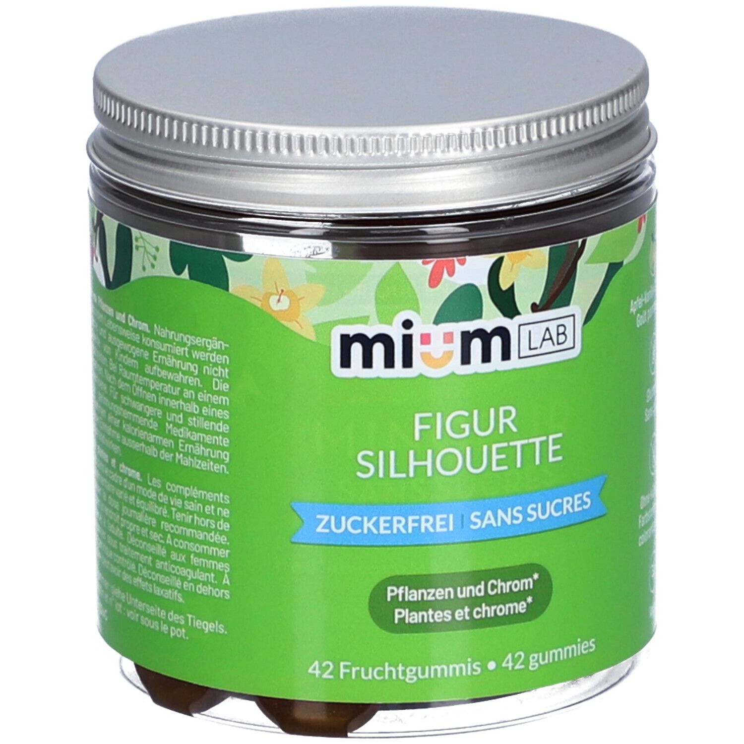 Glas mit MIUMLAB Figur Silhouette Gummies. Deckel silberfarben. Grünes Etikett mit Produktnamen und 42 Gummies. Zuckerfrei.