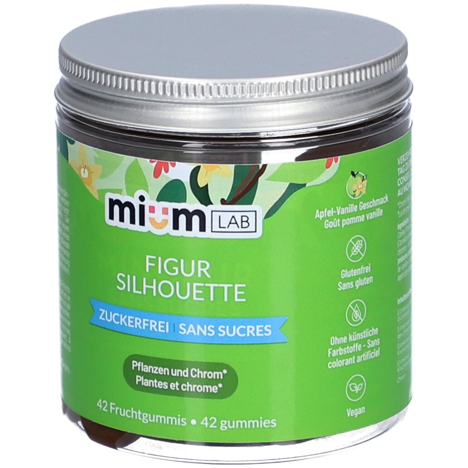Glas mit MIUMLAB Figur Silhouette Gummies. Deckel silberfarben. Grünes Etikett mit Produktnamen, 42 Gummies, und Zertifizierungen.