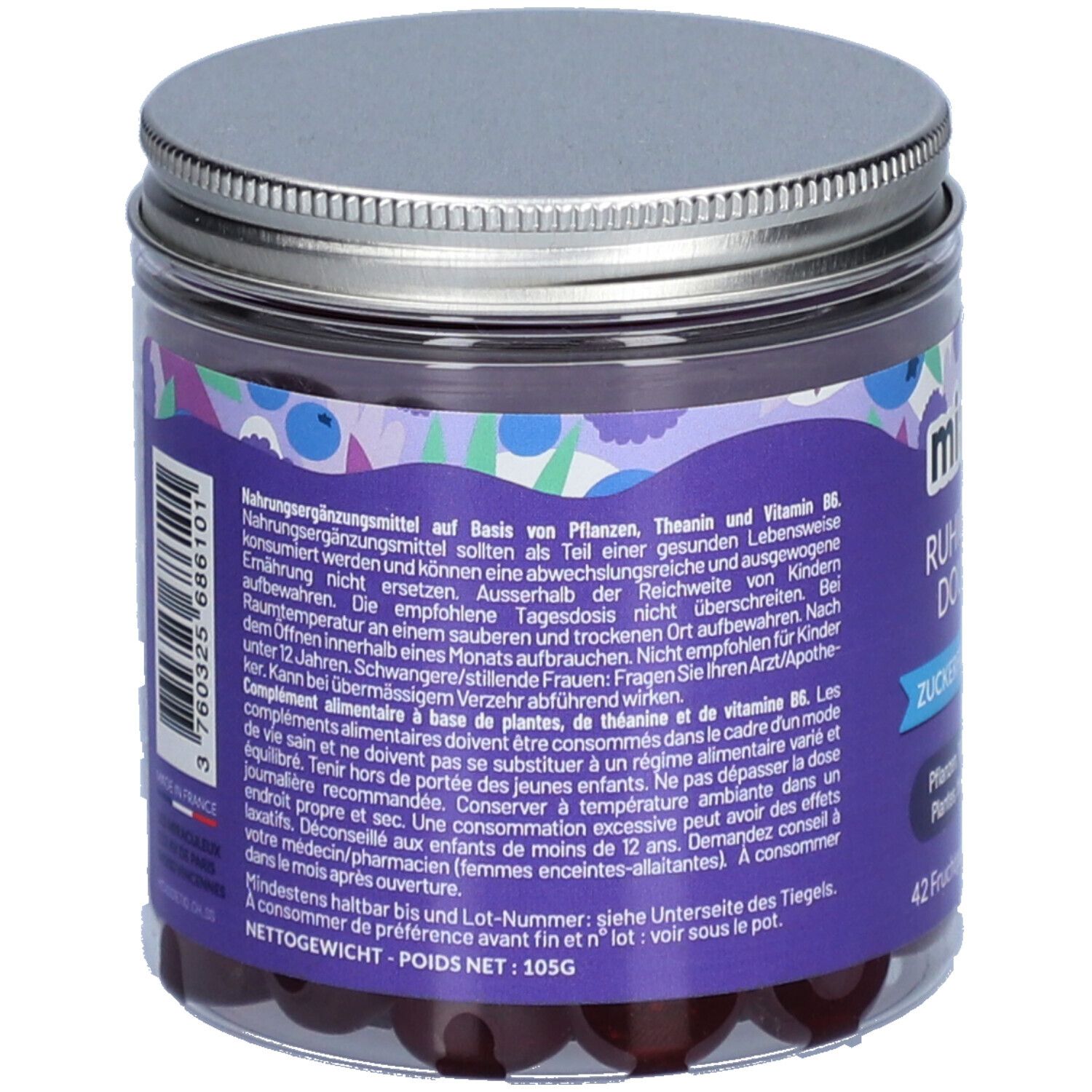 Dos du pot de gummies. Texte sur les informations nutritionnelles et les ingrédients. Code-barres et informations fabricant.