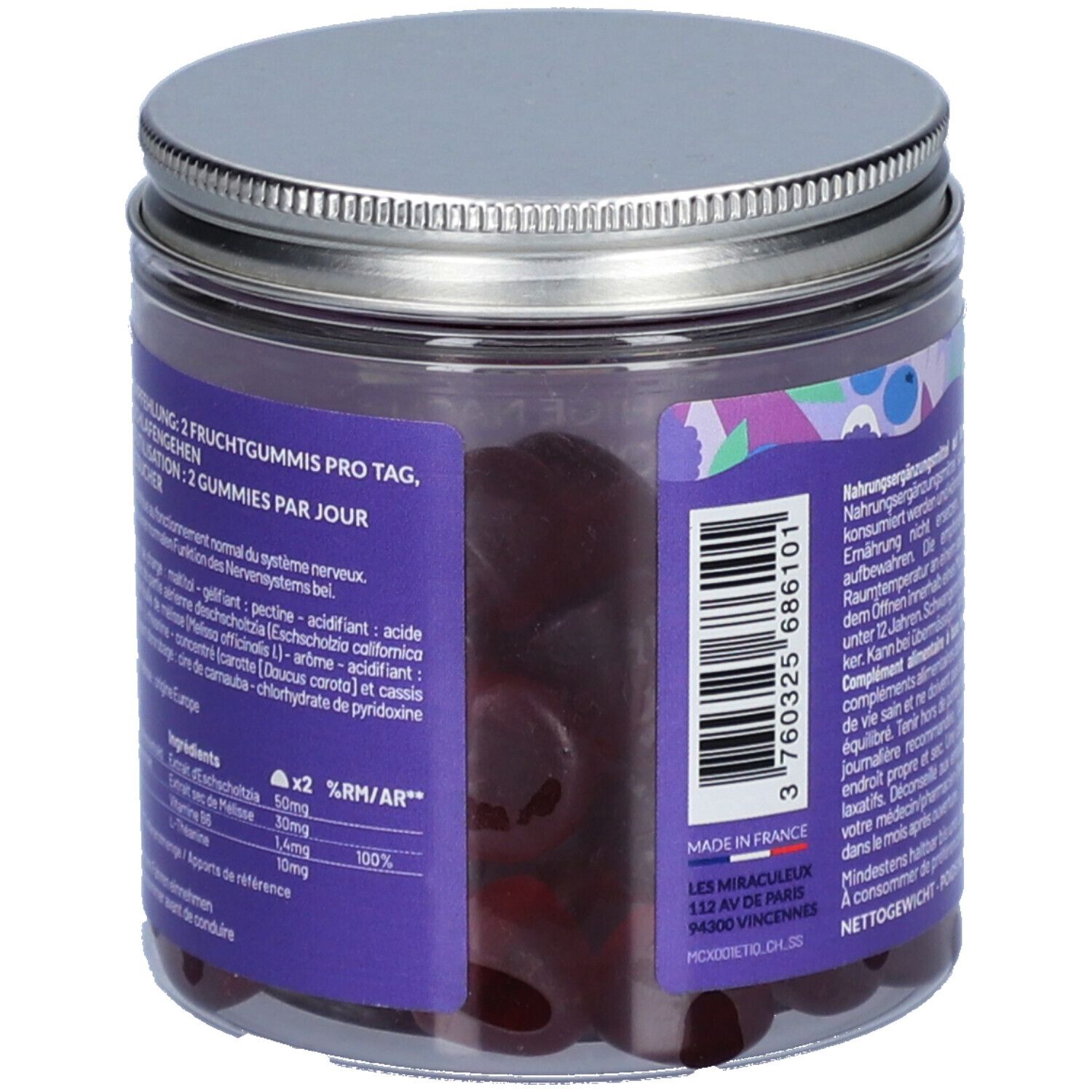 Dos du pot de gummies. Texte sur les ingrédients et la posologie. Code-barres et informations fabricant.