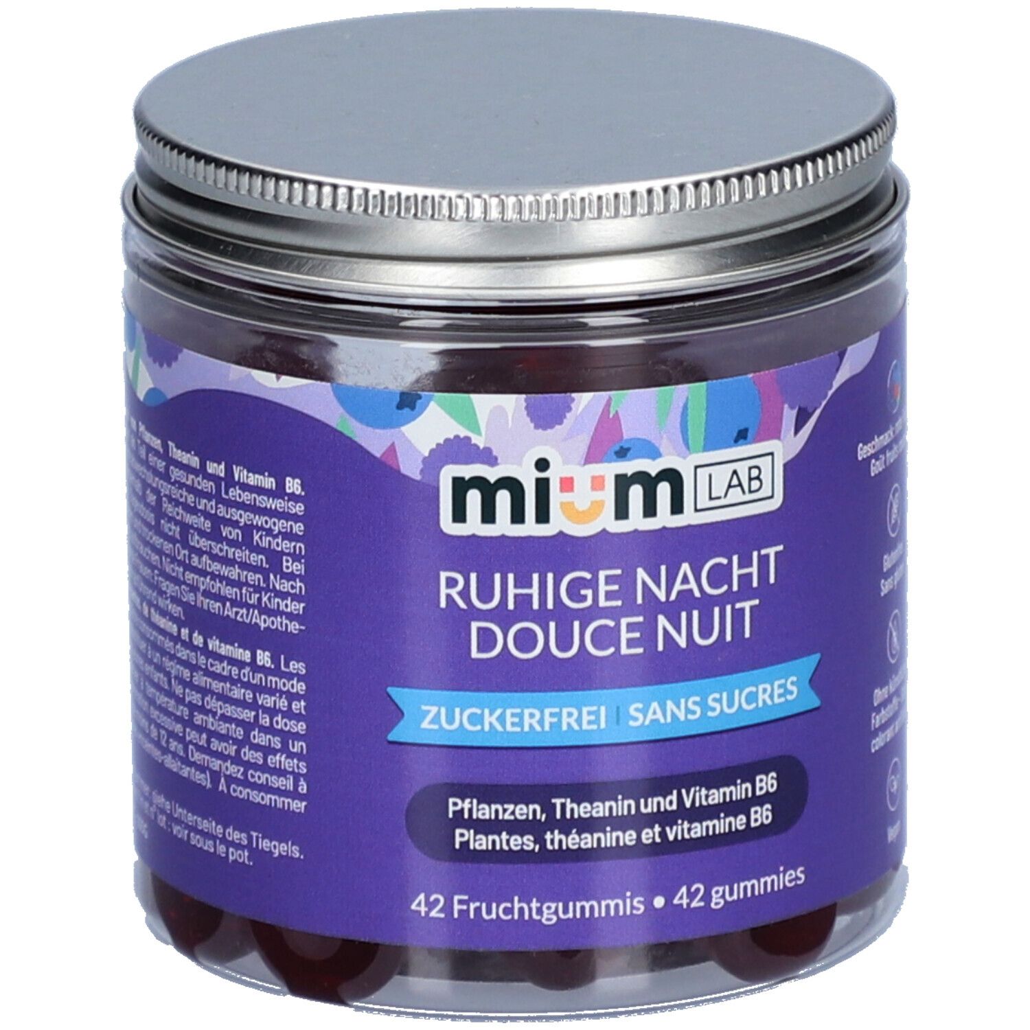 Pot de gummies. Inscription: MIUMLAB, Douce Nuit, Sans Sucres. Contient 42 gummies. Couvercle argenté.