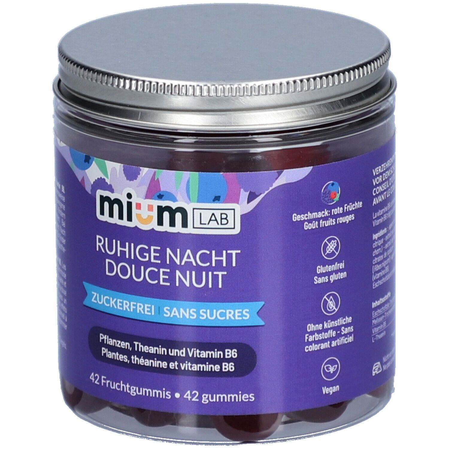 Pot de gummies. Inscription: MIUMLAB, Douce Nuit, Sans Sucres. Contient 42 gummies. Couvercle argenté. Vegan.