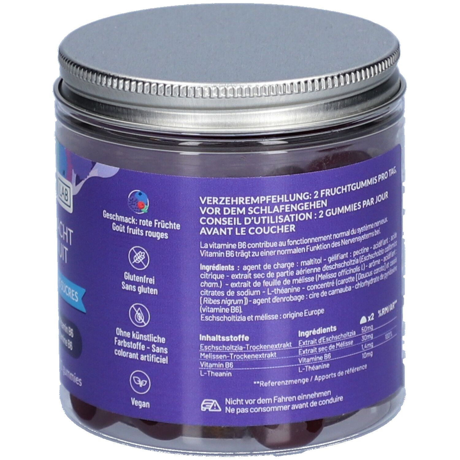 Dos du pot de gummies. Texte sur la posologie et les ingrédients. Vegan. Sans gluten. Sans colorant artificiel.