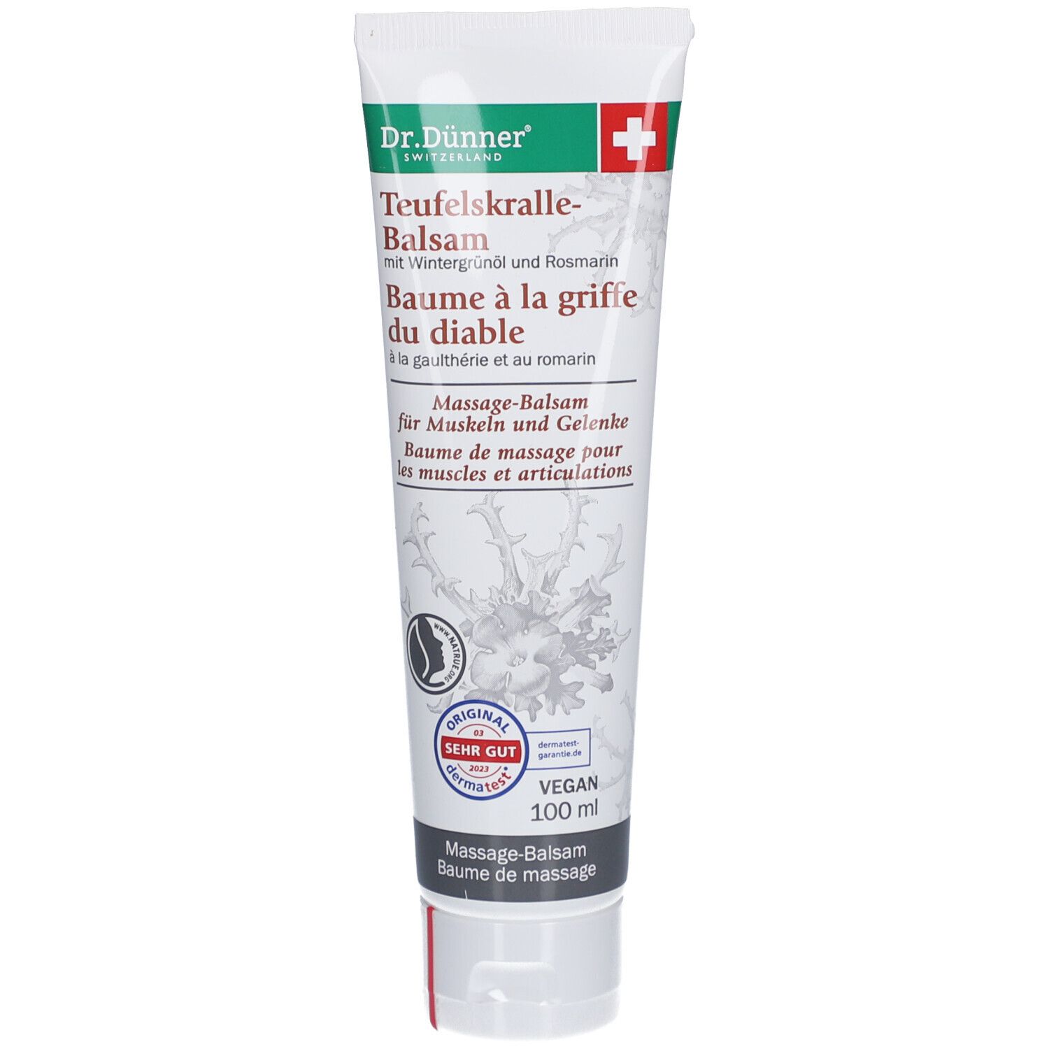Creme-Tube mit Produktnamen und Logo. Grün-weiße Farbgebung. Schweizer Kreuz. Vegan-Siegel. 100 ml.
