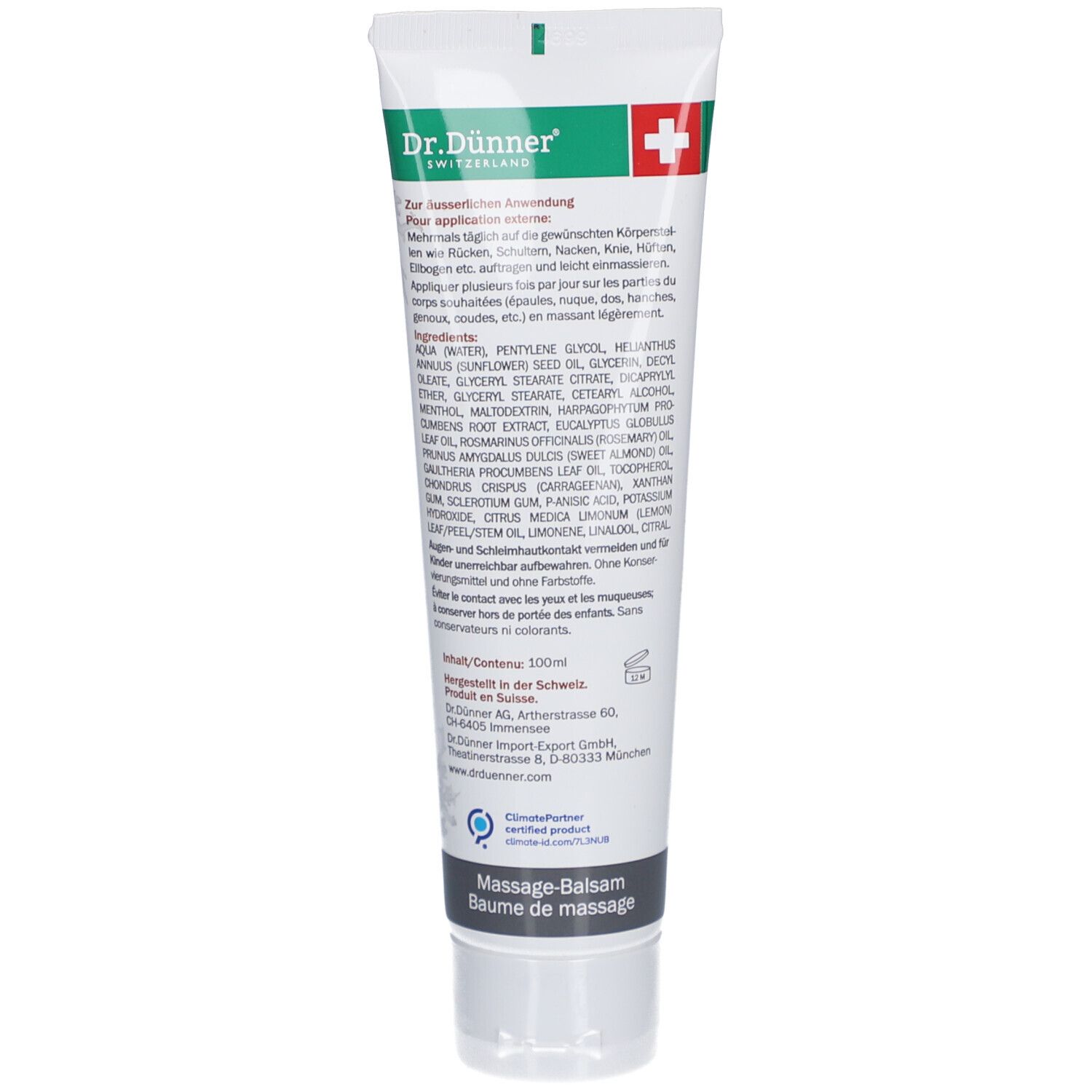 Rückseite der Creme-Tube. Text mit Inhaltsstoffen und Herstellerinformationen. Grün-weiße Farbgebung.