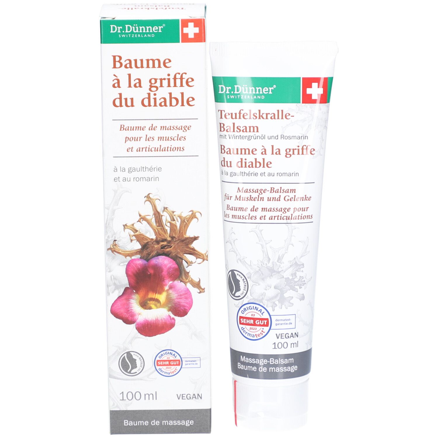 Produktverpackung mit Tube. Weißer Karton mit Produktnamen, Logo und Illustration. Vegan-Siegel. 100 ml.