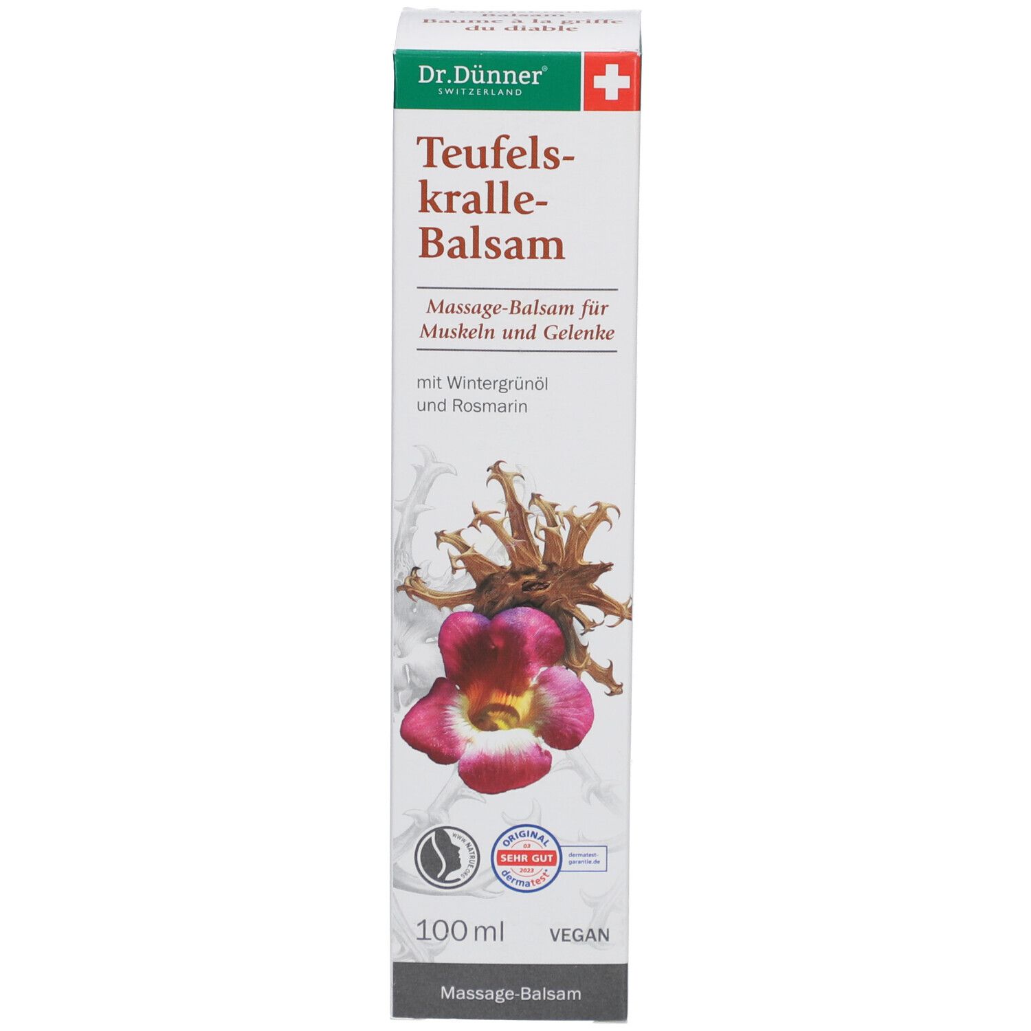 Produktverpackung. Weißer Karton mit Produktnamen, Logo und Illustration. Vegan-Siegel. 100 ml.