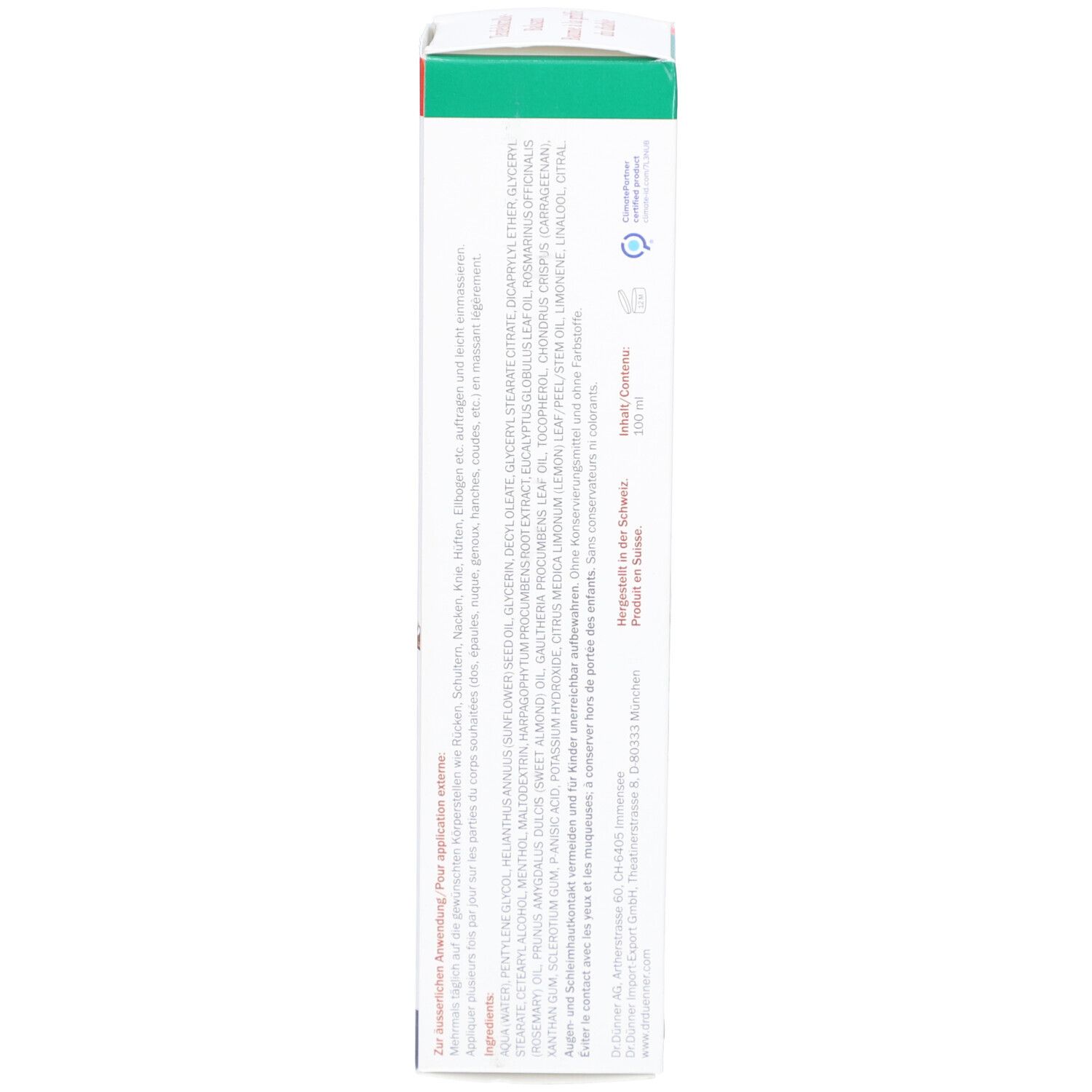 Seitenansicht der Produktverpackung. Text mit Inhaltsstoffen und Herstellerinformationen. Grün-weiße Farbgebung.