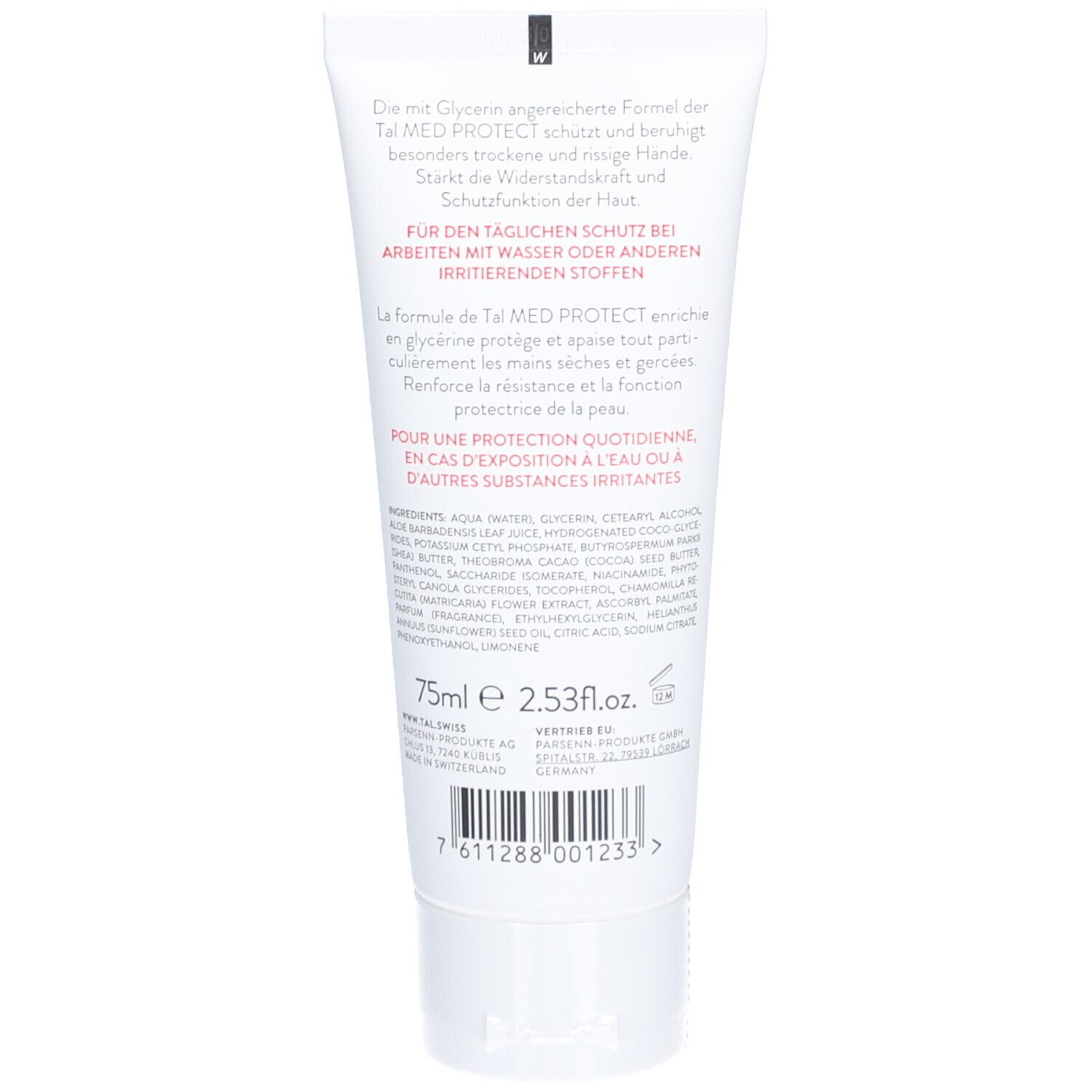 Rückseite der Handcreme-Tube. Text in Deutsch, Französisch und Englisch. Inhaltsstoffe und Herstellerangaben. 75ml.