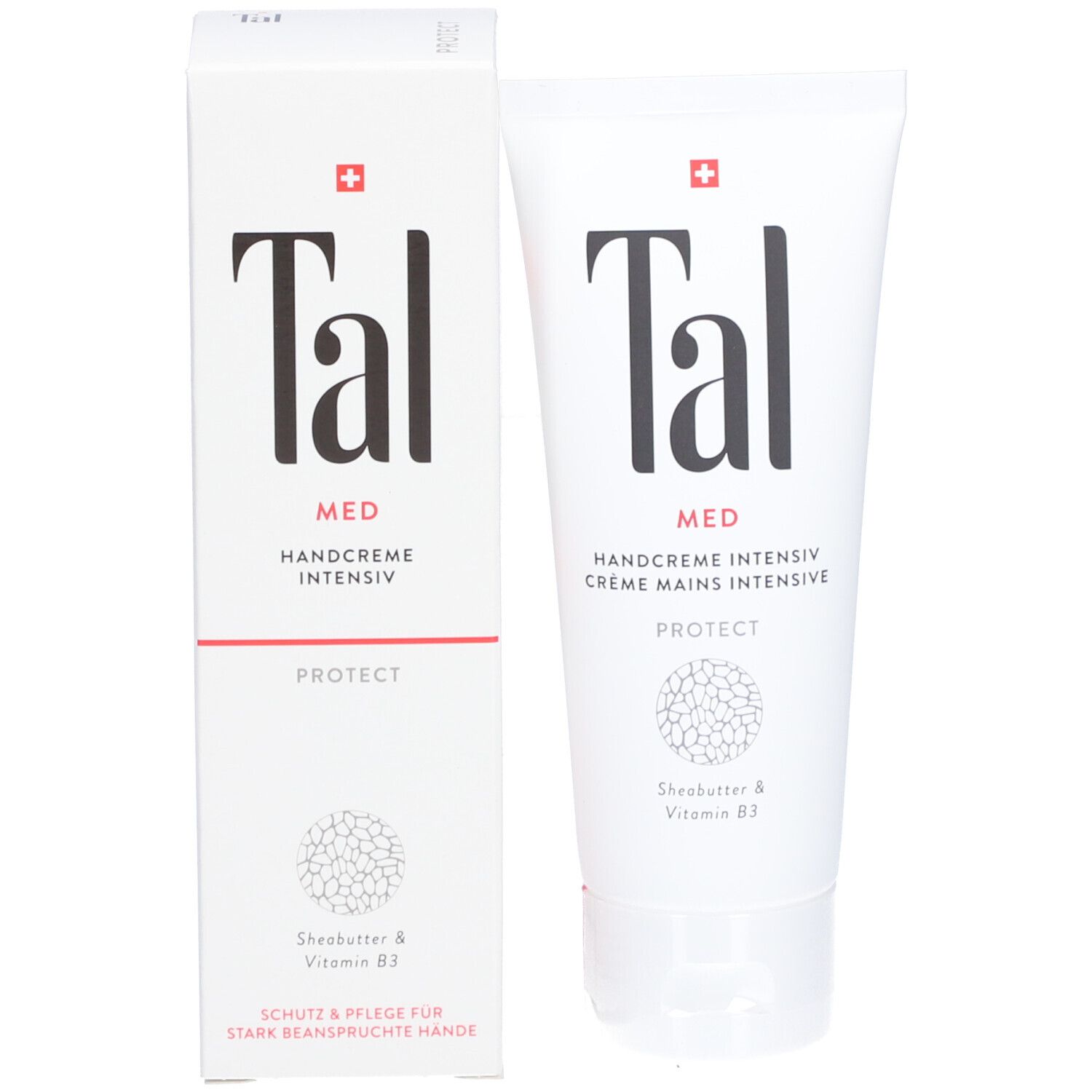 Handcreme-Tube und Schachtel. Beide mit "Tal"-Logo, "MED" und "PROTECT". Schweizer Kreuz. Sheabutter & Vitamin B3. Weiß.