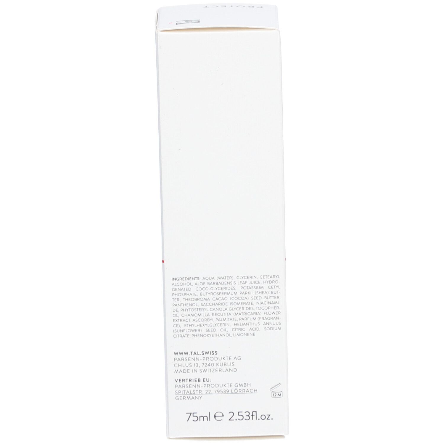Rückseite der Handcreme-Schachtel. Text in Deutsch, Französisch und Englisch. Inhaltsstoffe und Herstellerangaben. 75ml.