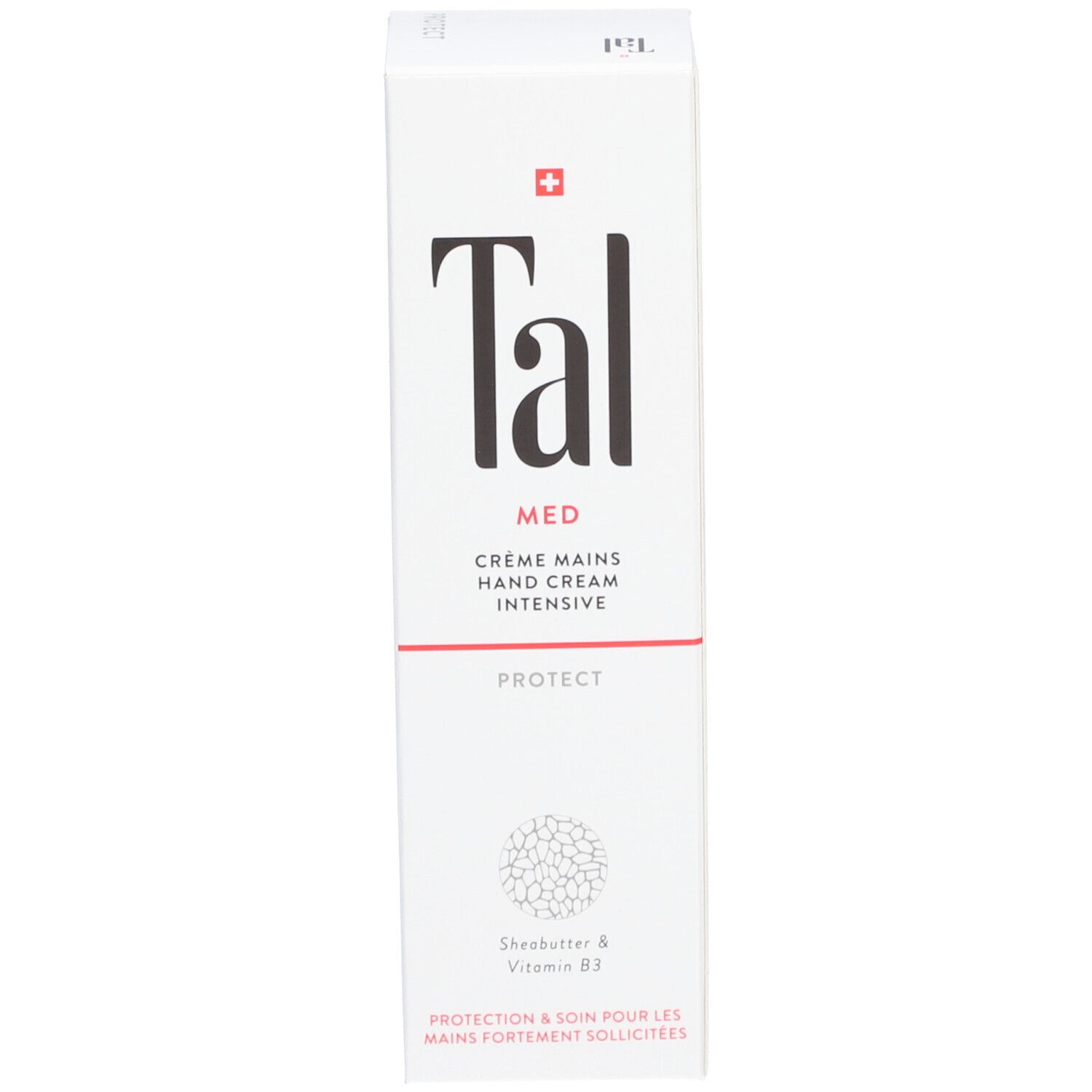 Weiße Schachtel mit schwarzem "Tal"-Logo, "MED" und "PROTECT". Handcreme-Bezeichnung. Schweizer Kreuz. Sheabutter & Vitamin B3.