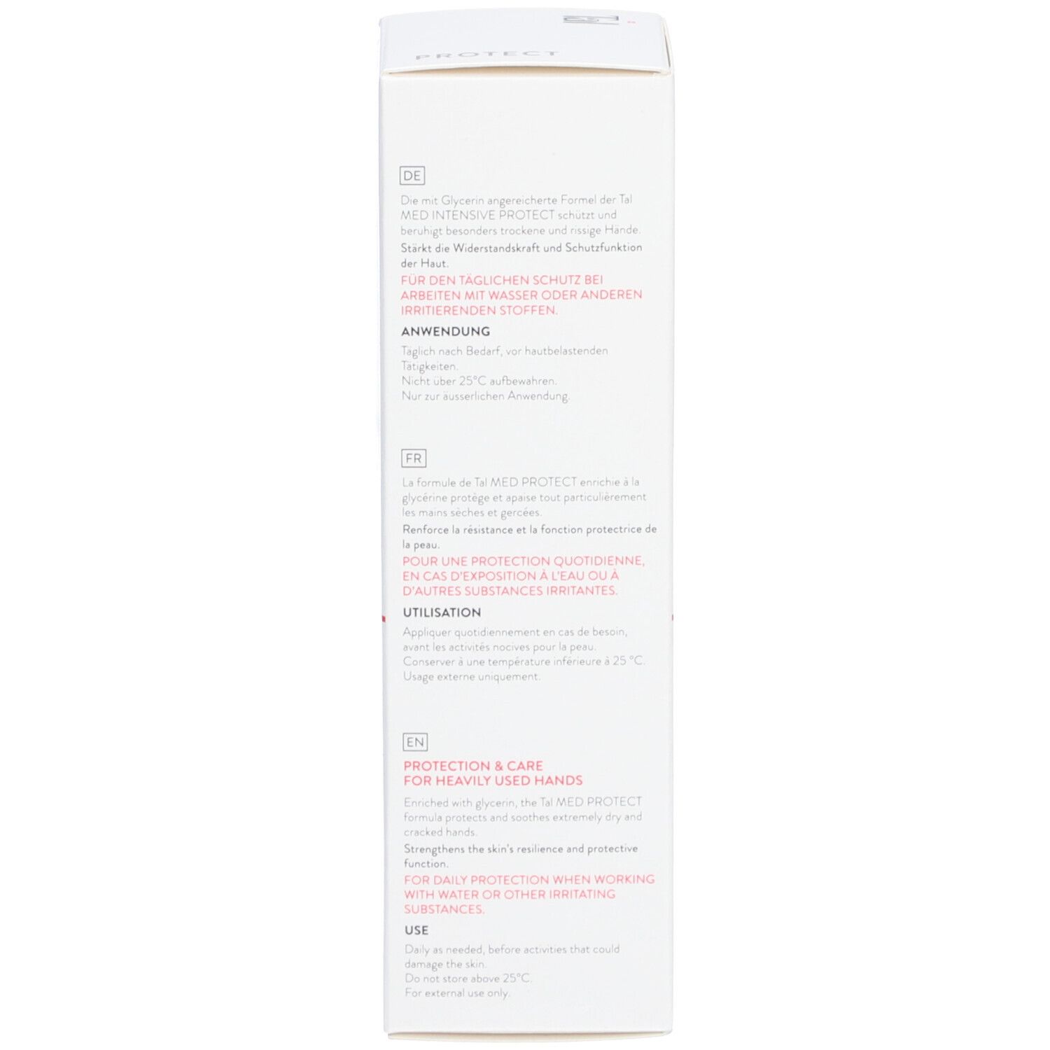 Seite der Handcreme-Schachtel. Text in Deutsch, Französisch und Englisch. Anwendungshinweise. Herstellerangaben.