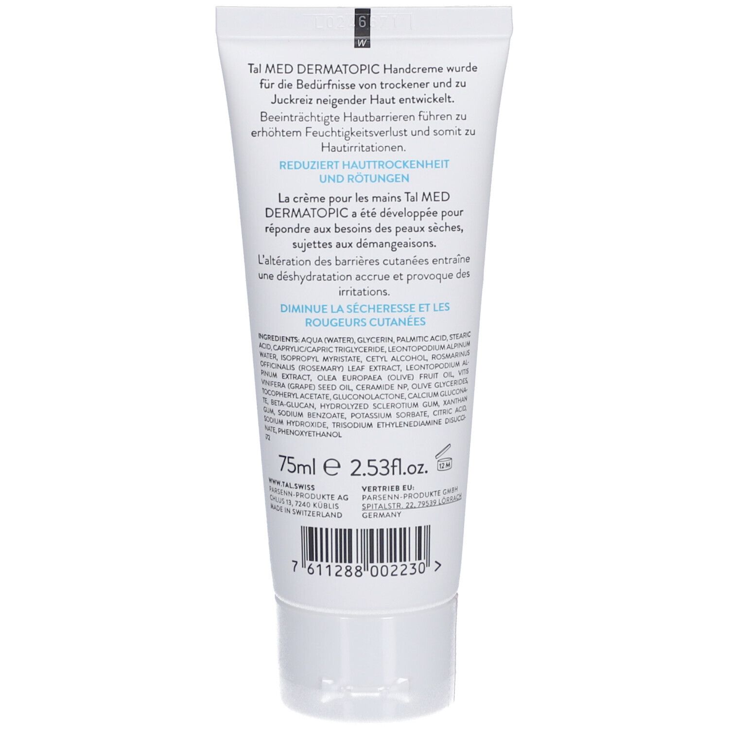 Rückseite der Tube. Text in Deutsch und Französisch. Inhaltsstoffe und Herstellerangaben. 75ml.